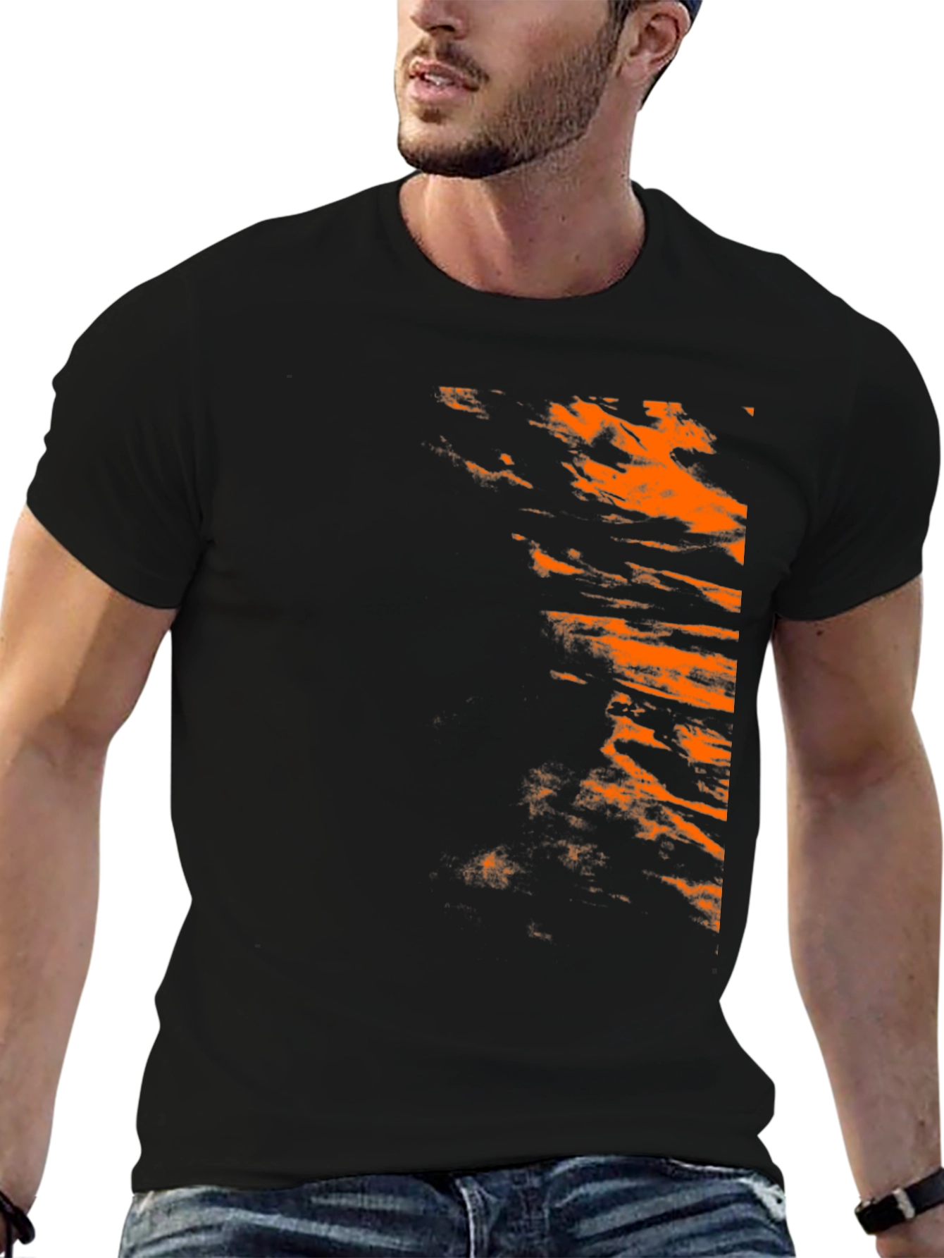 Trendy Black Tee with Abstract Orange Design