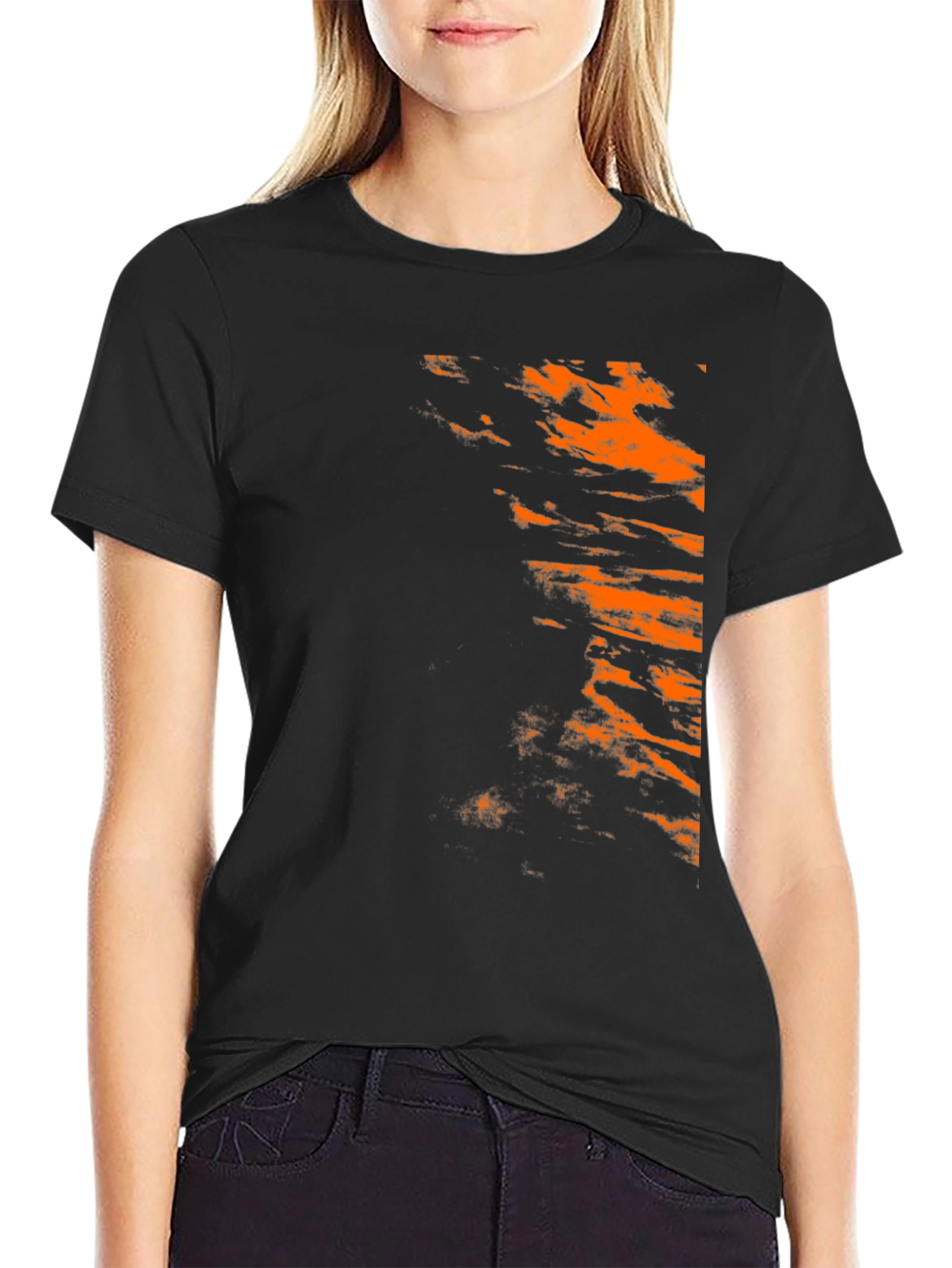 Trendy Black Tee with Abstract Orange Design
