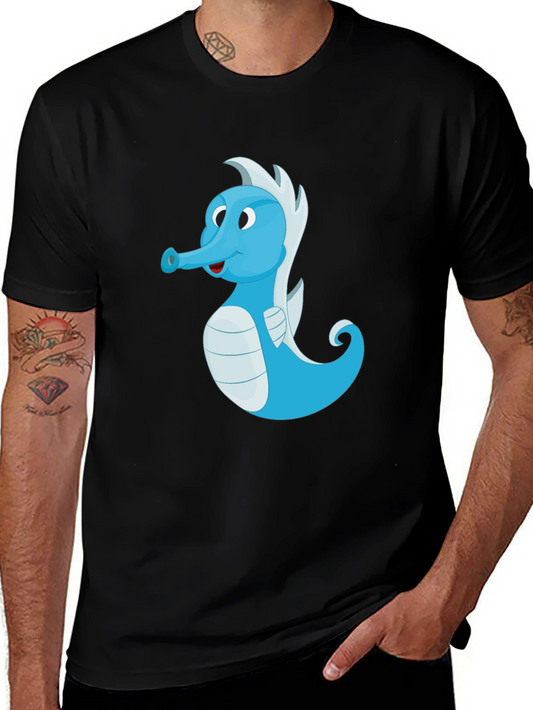 Cute Blue Seahorse Graphic Tee - Unisex Black T-Shirt