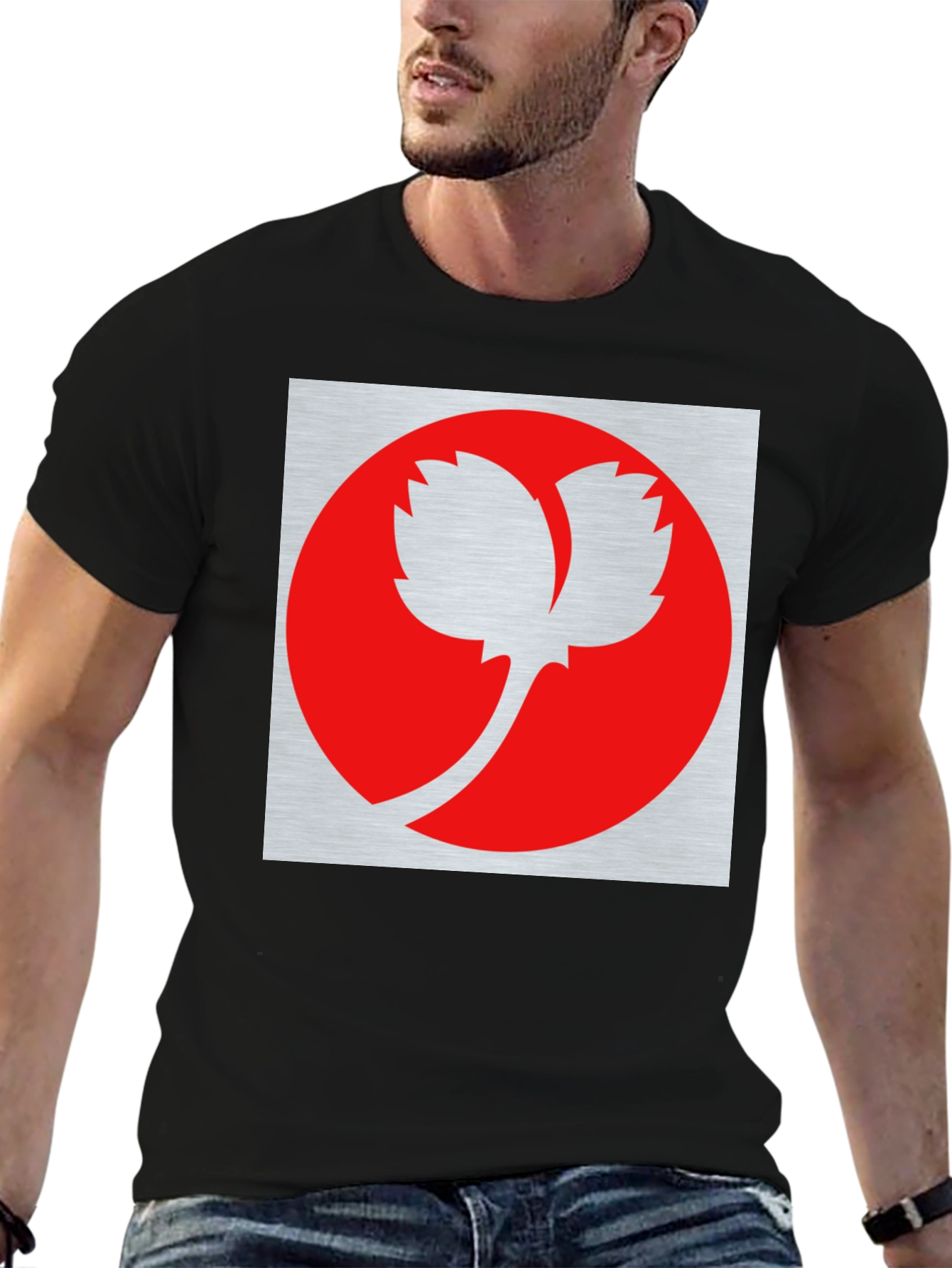 Modern Graphic Tee - Red Leaf Design on Black