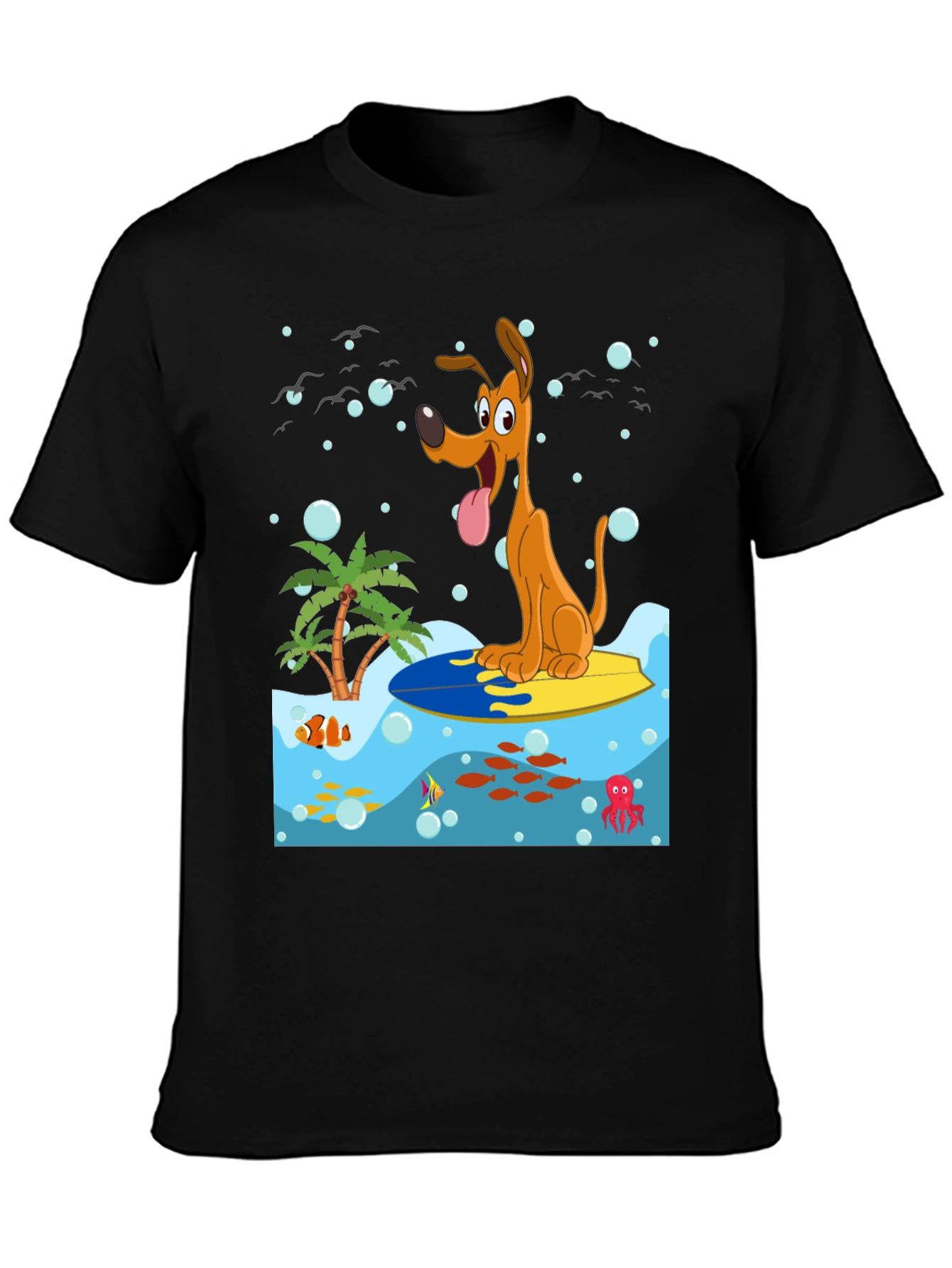 Surfing Dog Graphic Tee - Black Cotton Shirt