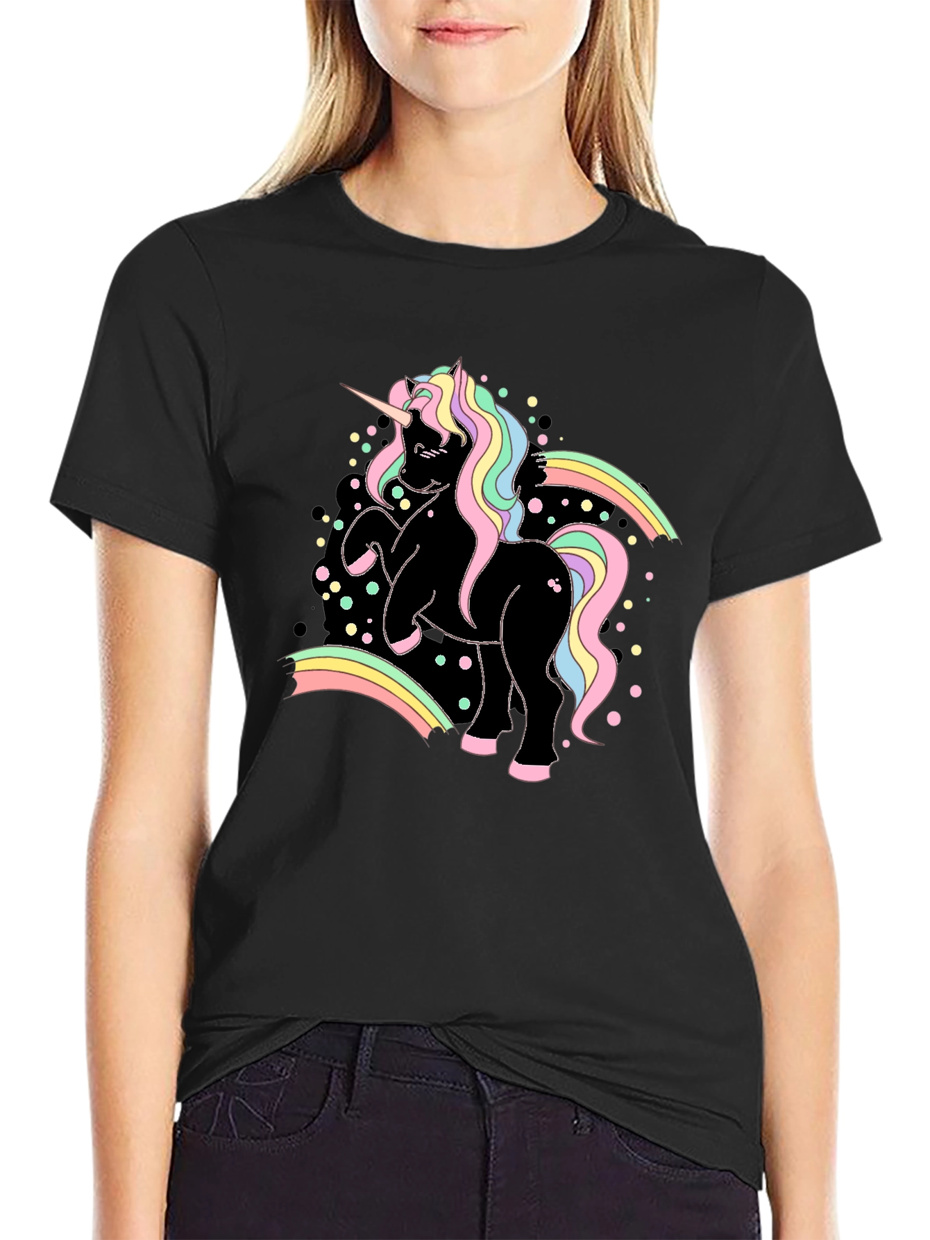 Unicorn Rainbow Graphic Black T-Shirt