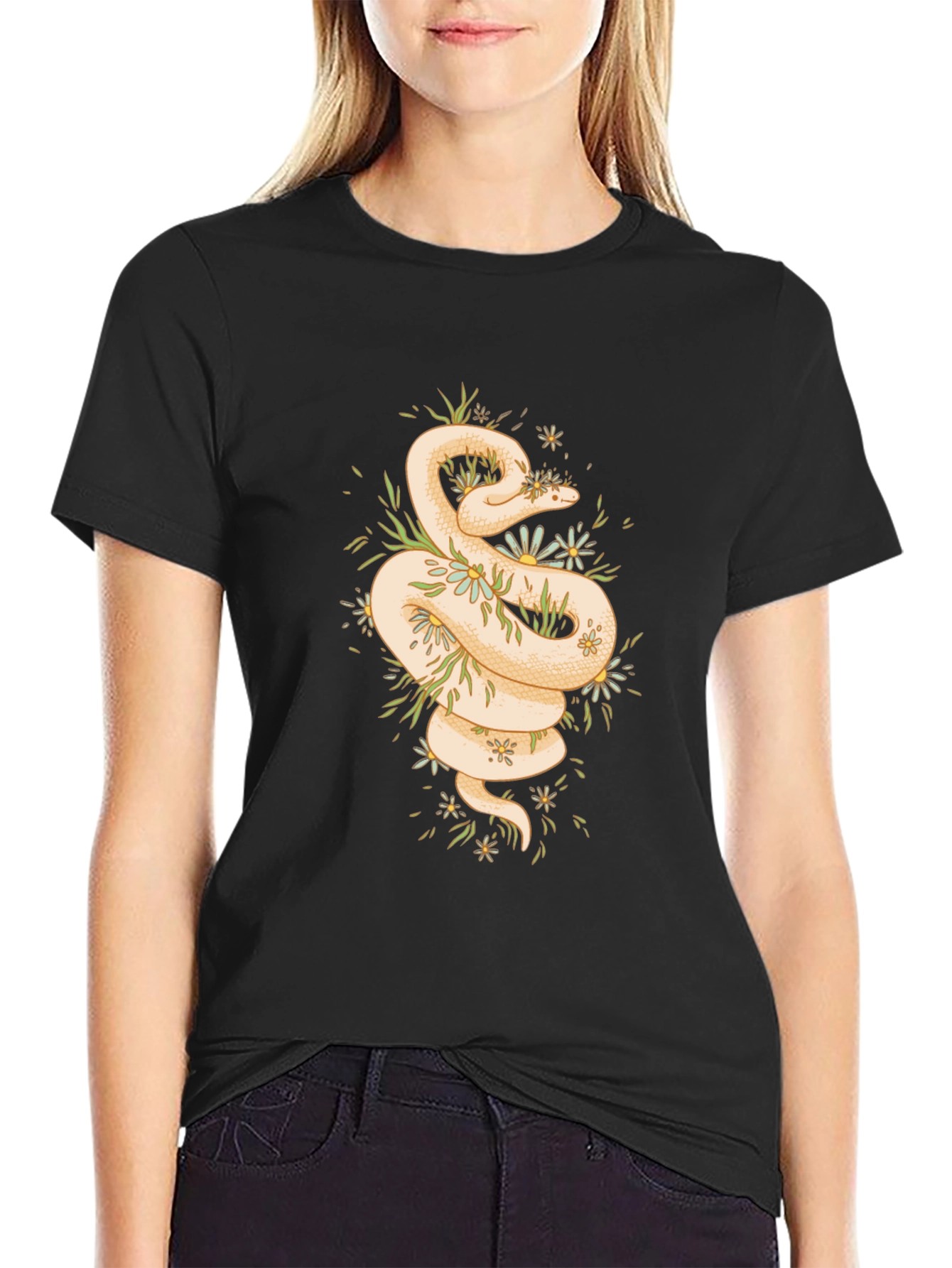 Snake & Flowers Graphic Tee - Mens Black T-Shirt