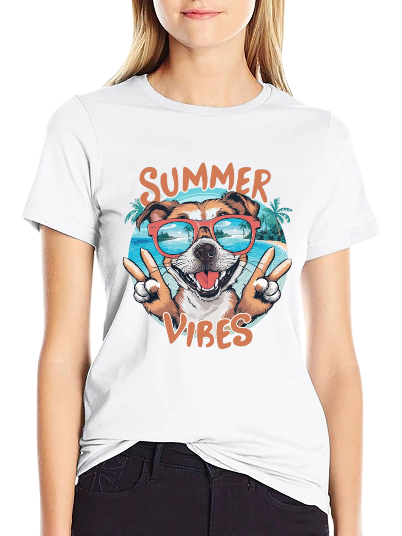 Summer Vibes Dog Graphic Tee - Casual Black T-Shirt