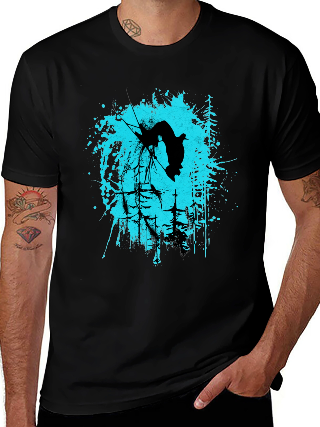 Black T-Shirt with Skier Graphic Design