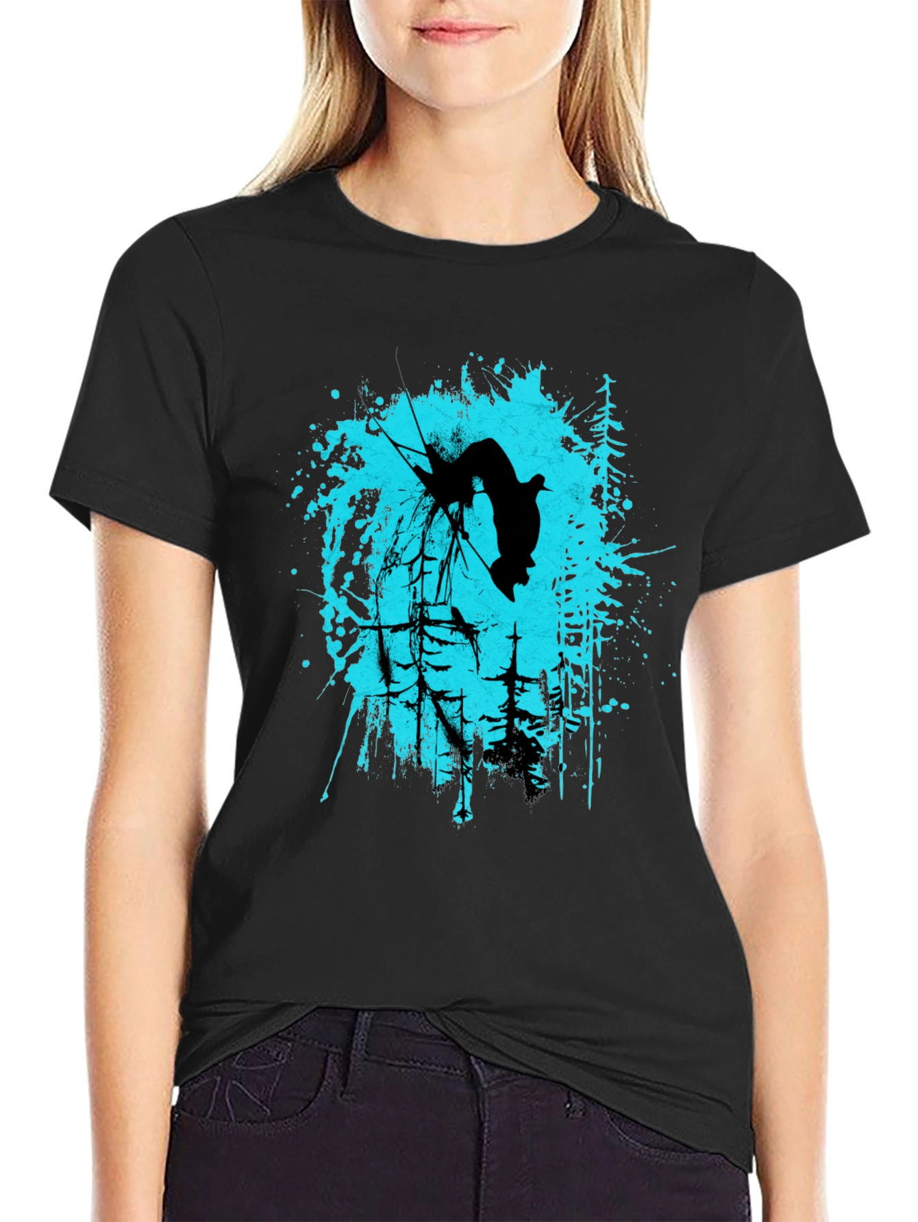 Black T-Shirt with Skier Graphic Design