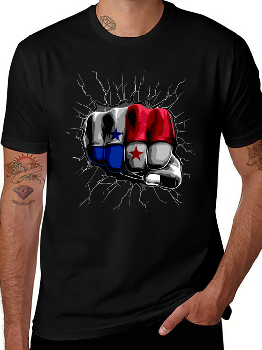 Panama Flag Fist Breaking Wall Mens Black T-Shirt
