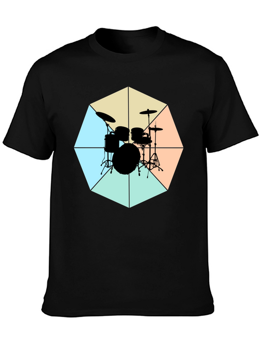 Geometric Drum Set Graphic Tee - Black Cotton