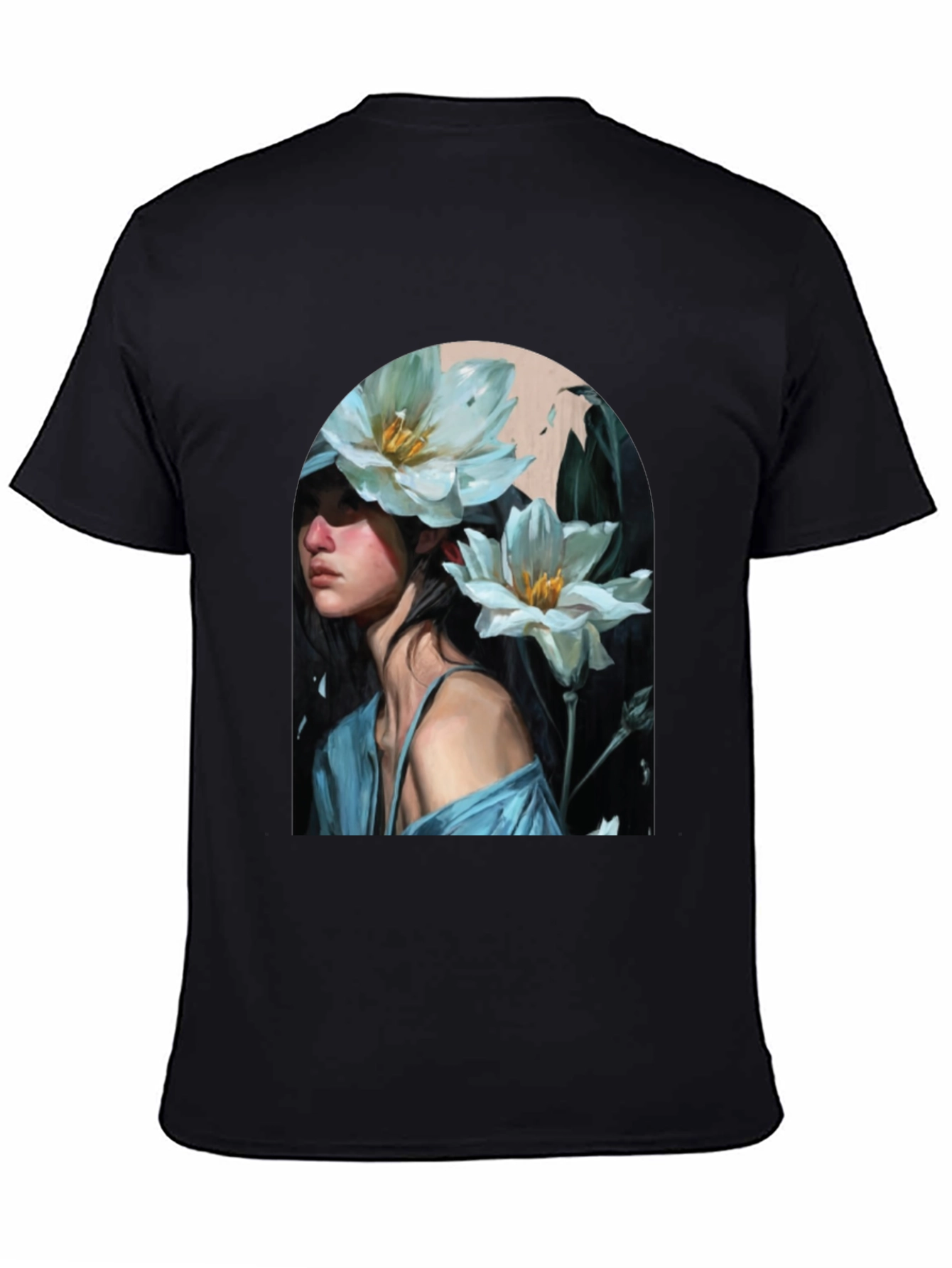 Floral Portrait Black T-Shirt - Artistic Fashion