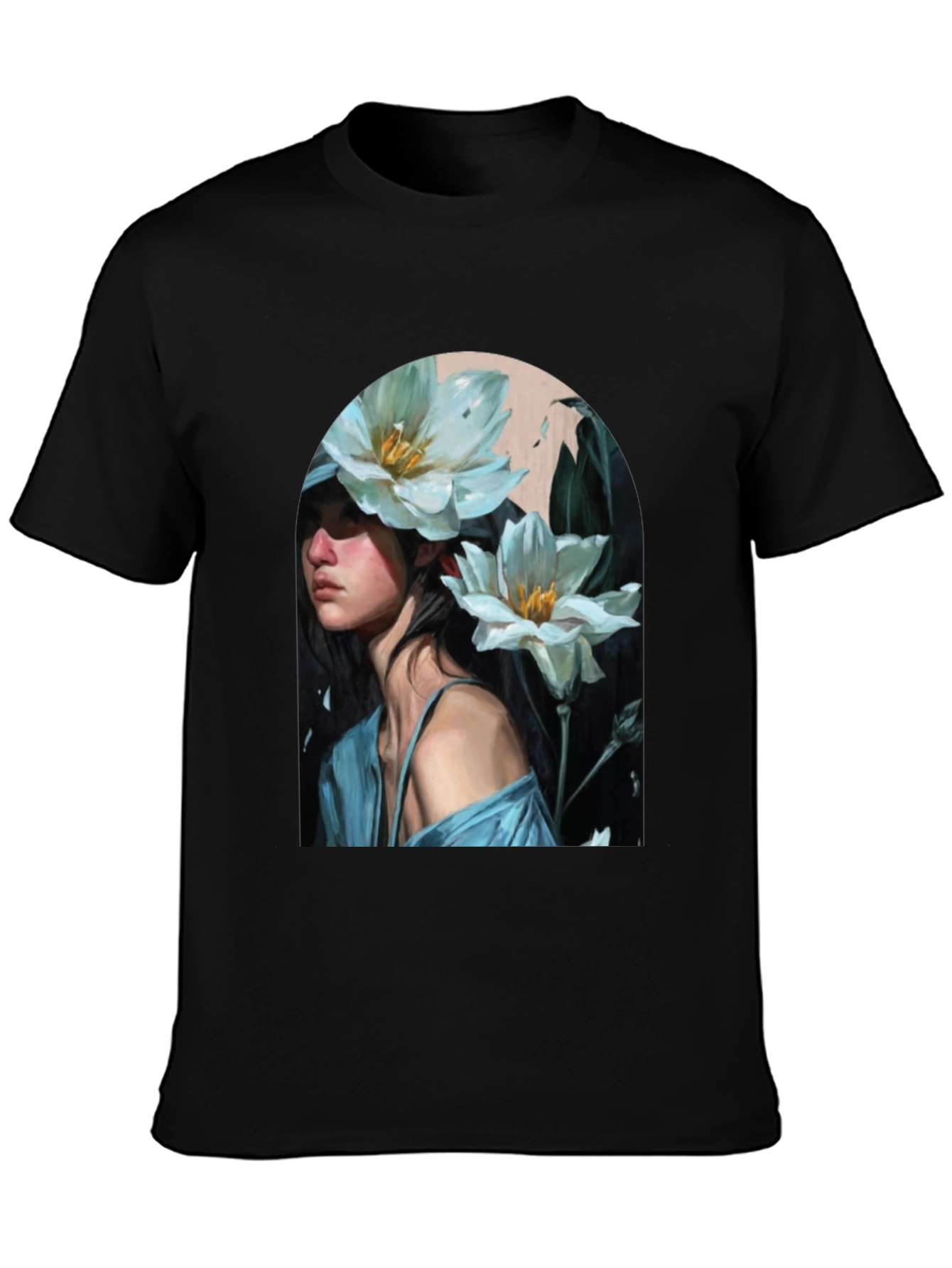 Floral Portrait Black T-Shirt - Artistic Fashion