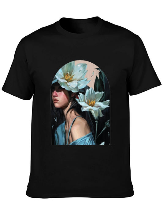 Floral Portrait Black T-Shirt - Artistic Fashion