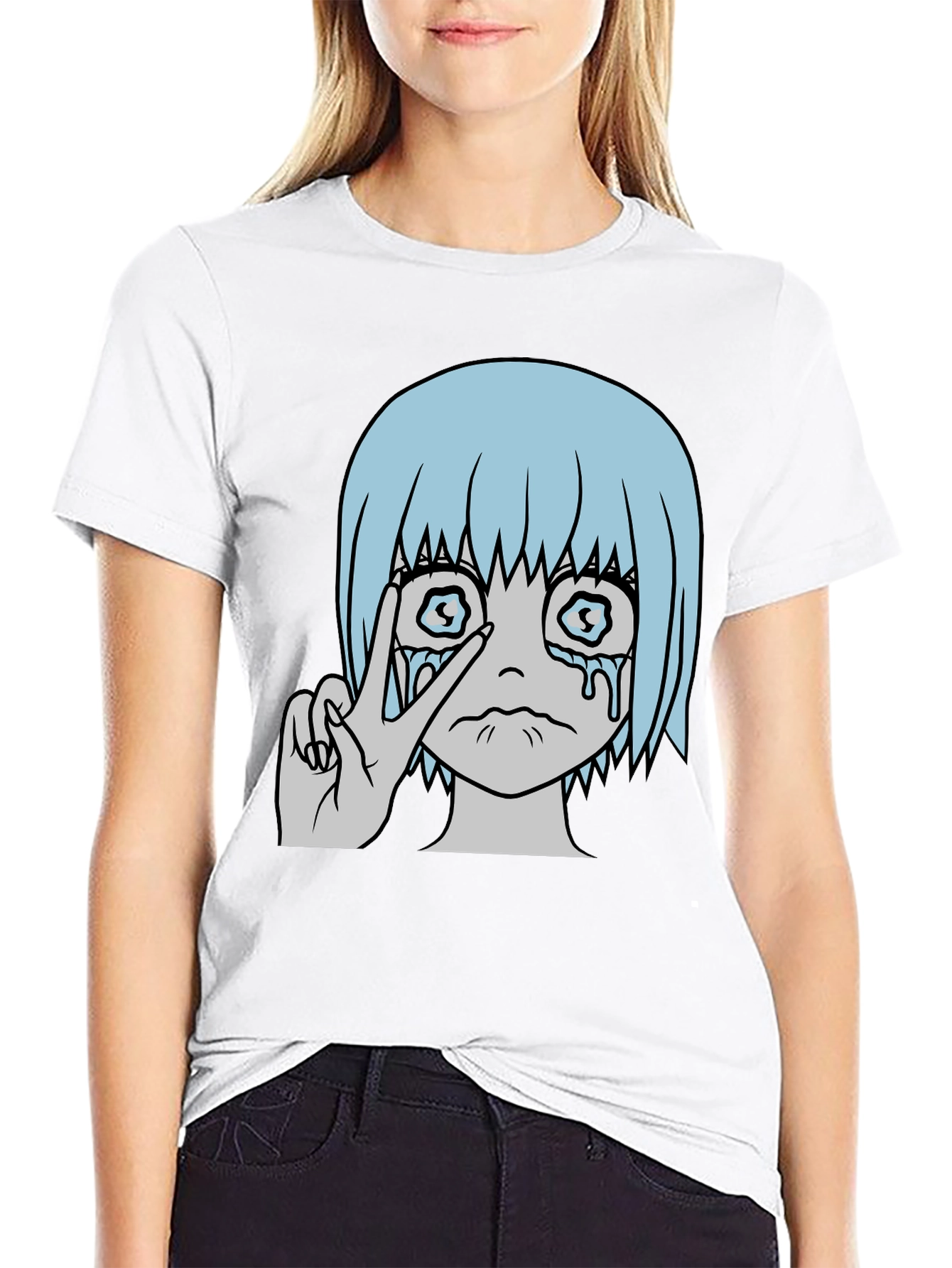 Crying Anime Girl Peace Sign Black T-Shirt