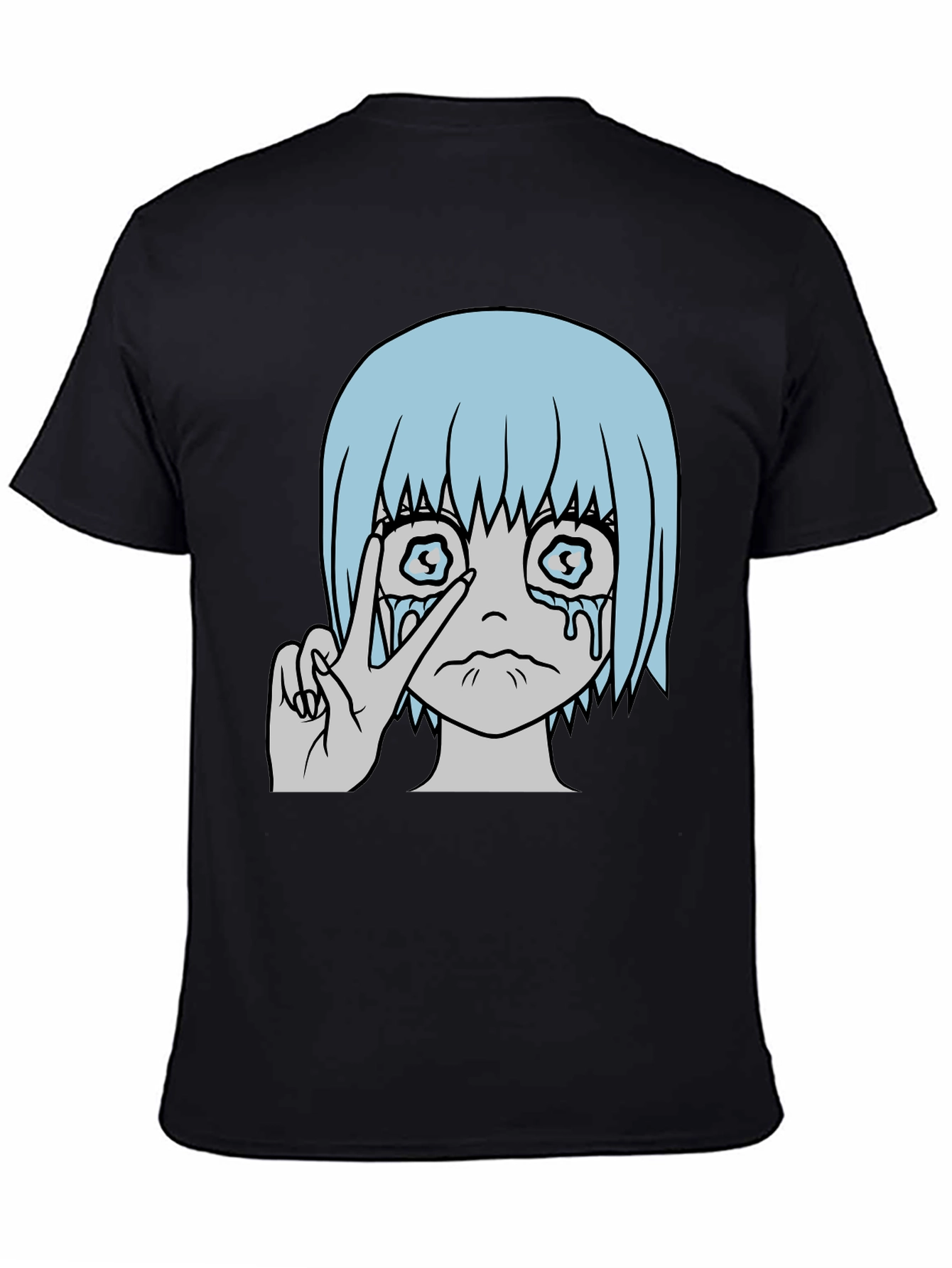 Crying Anime Girl Peace Sign Black T-Shirt