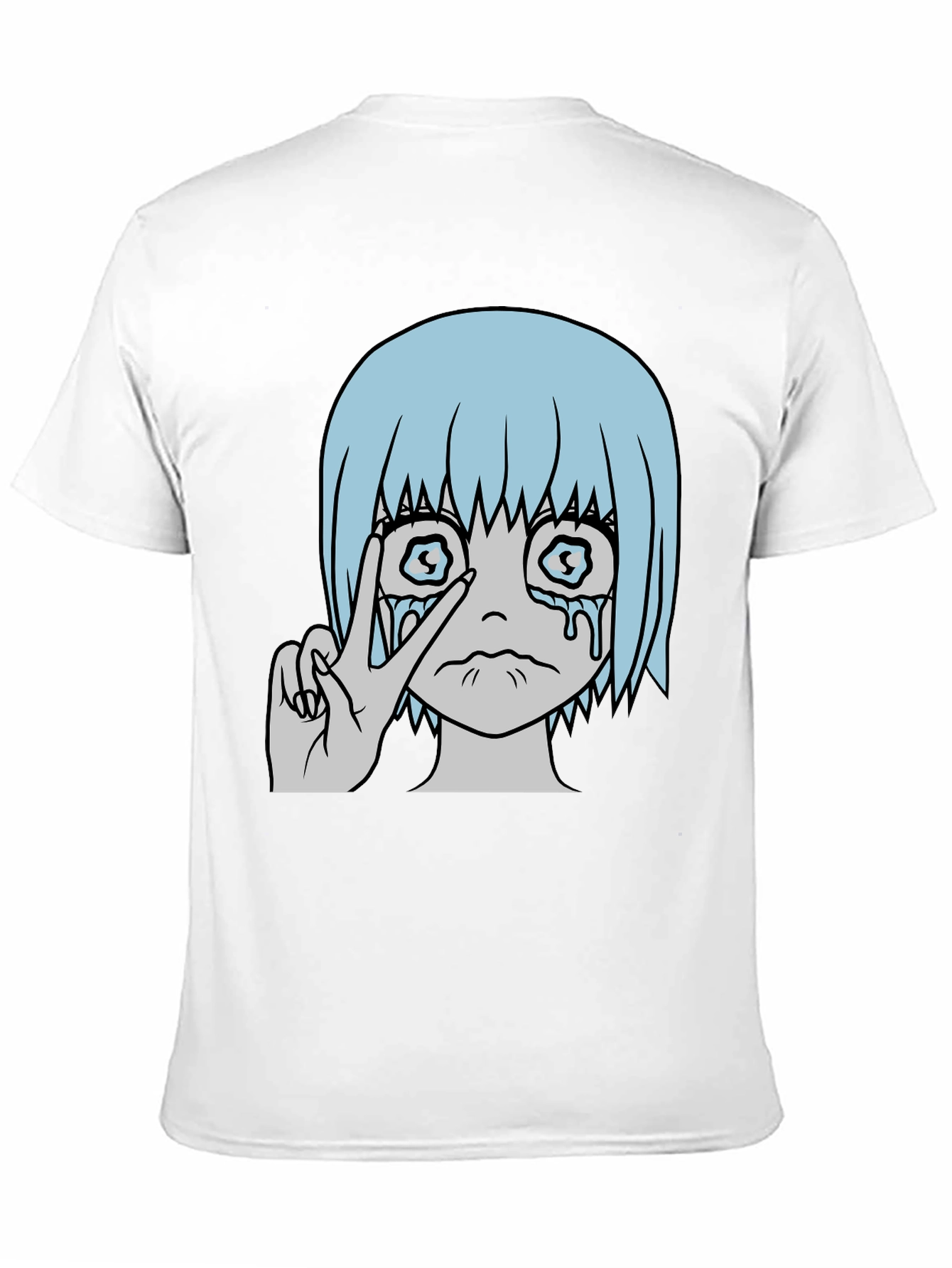 Crying Anime Girl Peace Sign Black T-Shirt