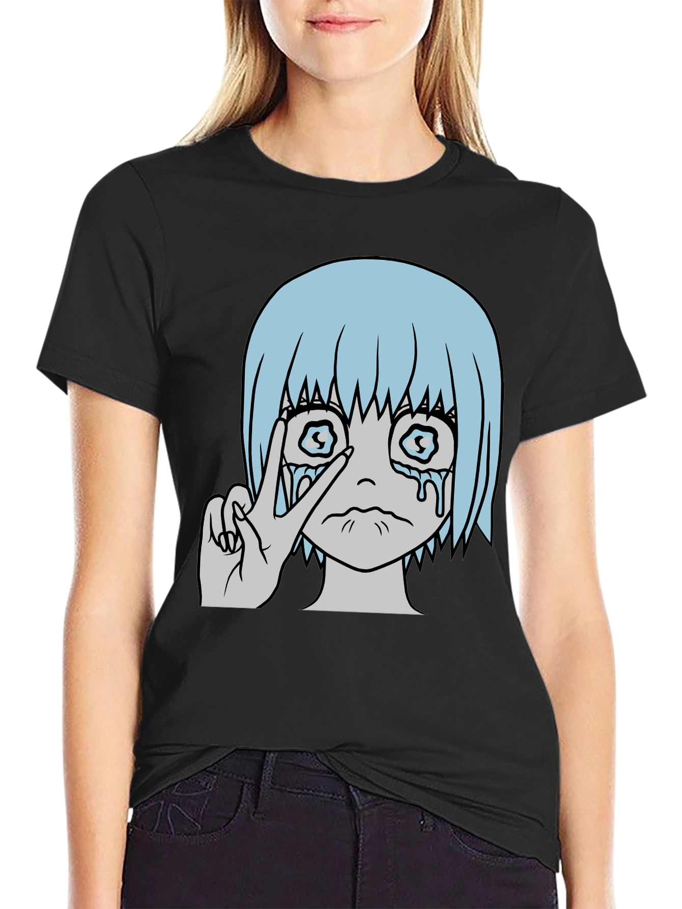 Crying Anime Girl Peace Sign Black T-Shirt