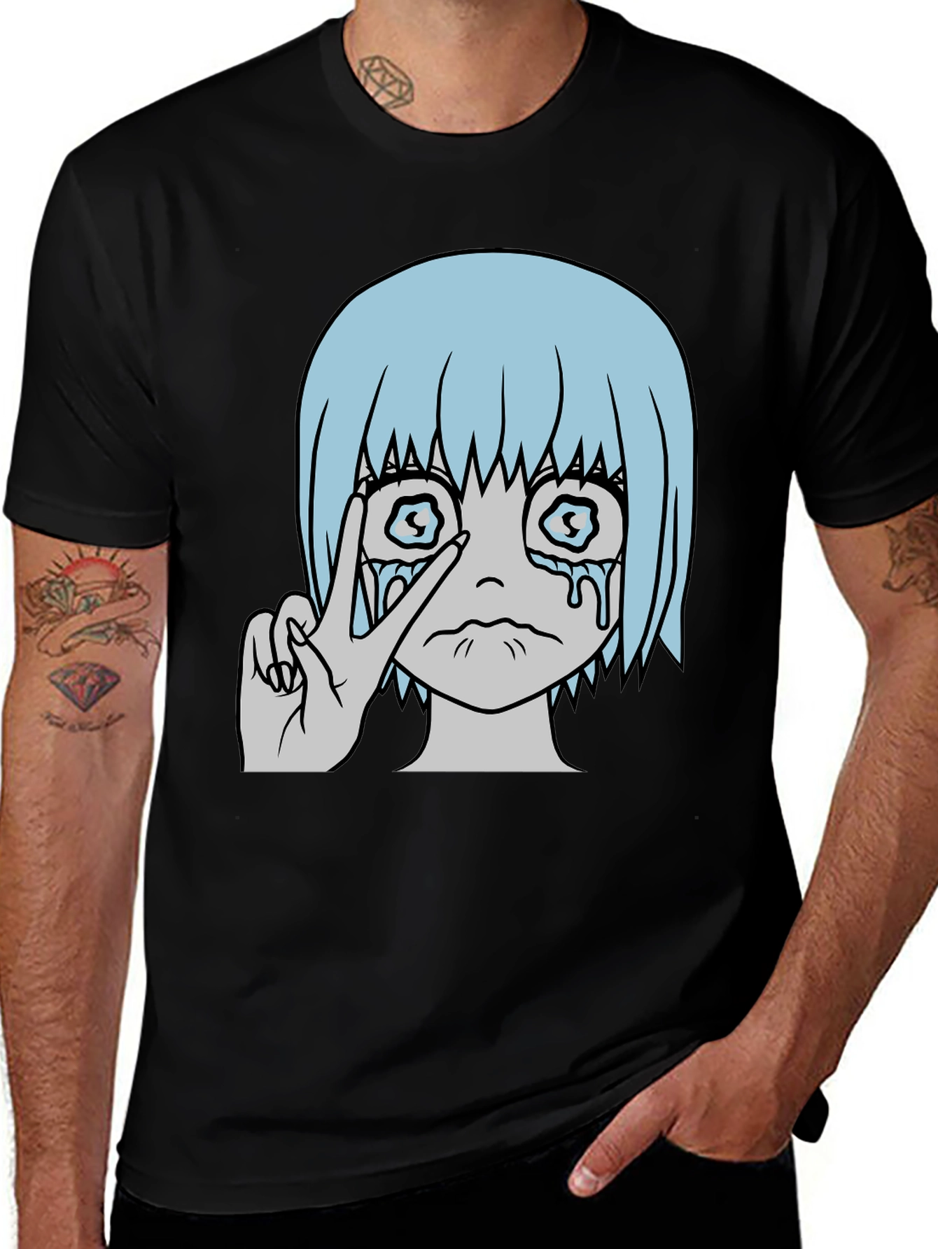 Crying Anime Girl Peace Sign Black T-Shirt