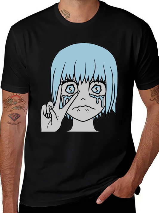 Crying Anime Girl Peace Sign Black T-Shirt