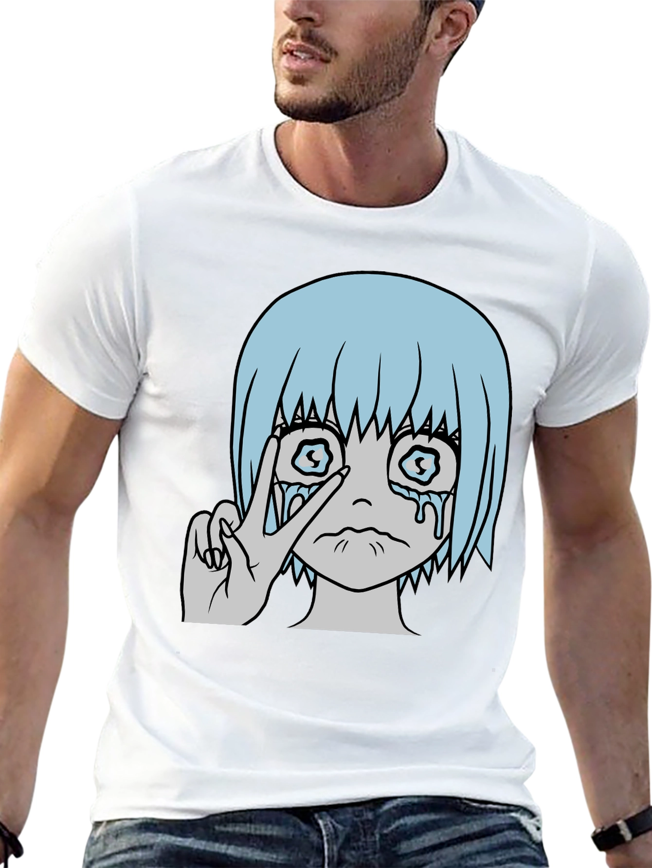 Crying Anime Girl Peace Sign Black T-Shirt