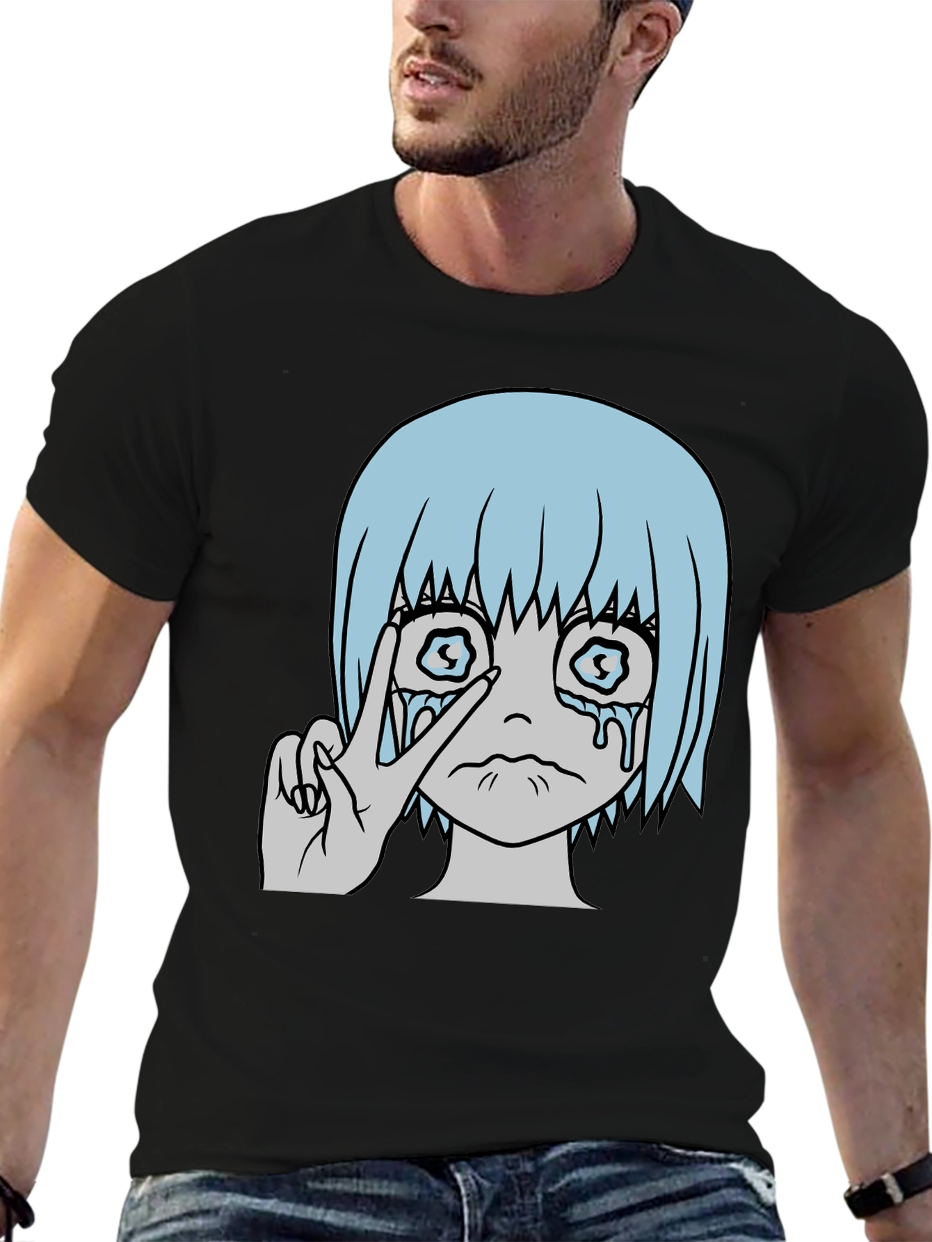 Crying Anime Girl Peace Sign Black T-Shirt