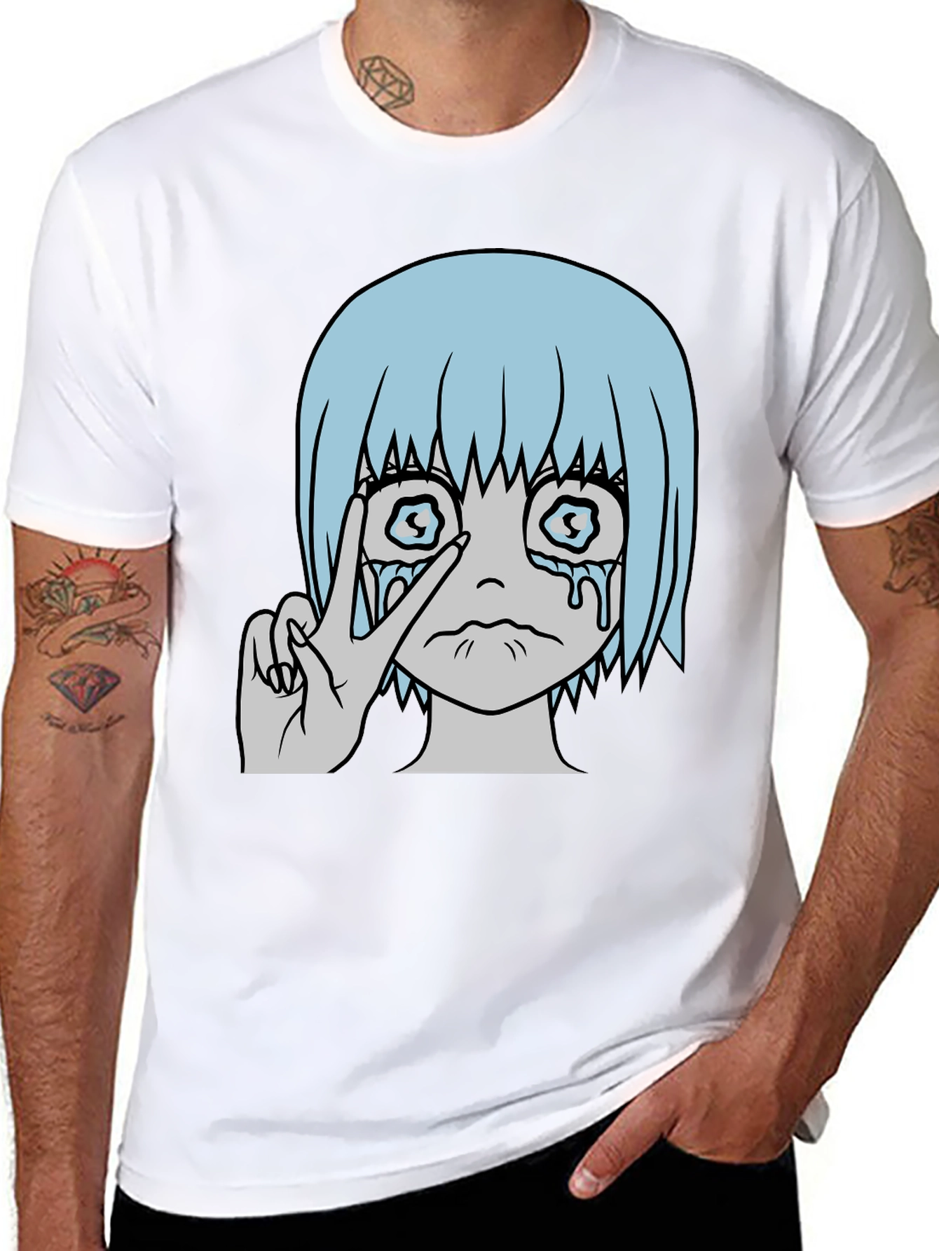 Crying Anime Girl Peace Sign Black T-Shirt