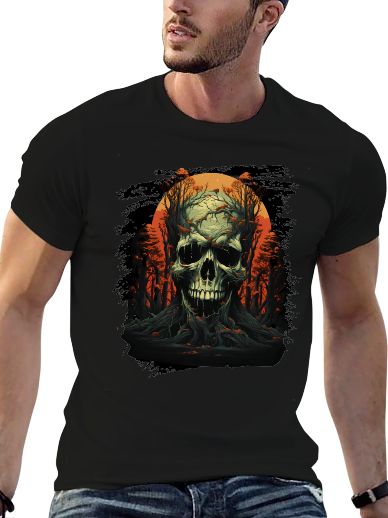 Skull and Forest Graphic Black T-Shirt