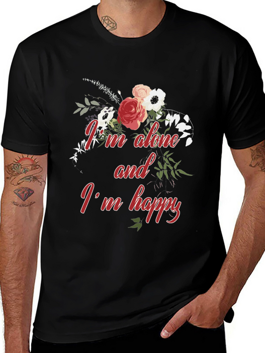 Alone and Happy Floral Graphic Tee - Black