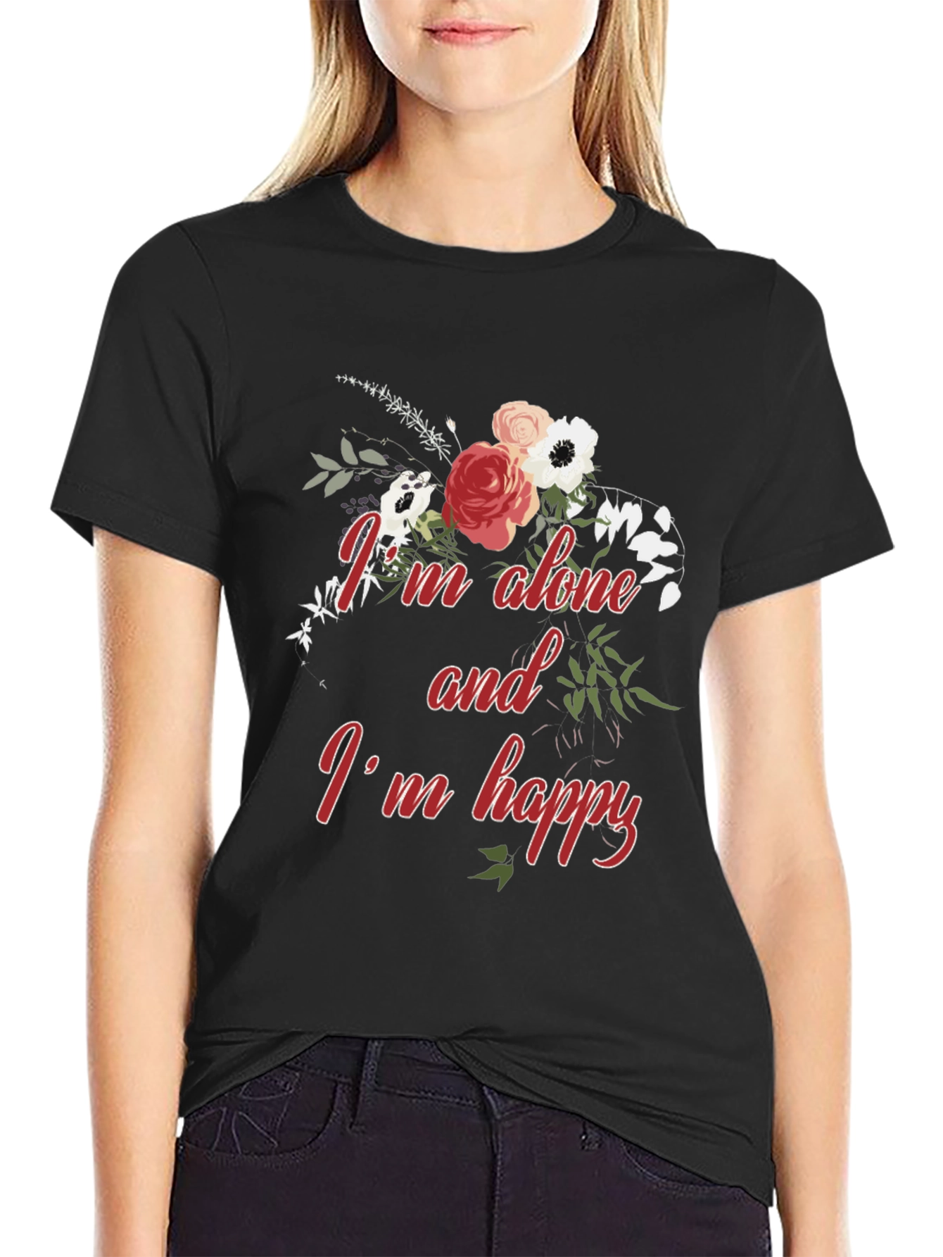 Alone and Happy Floral Graphic Tee - Black
