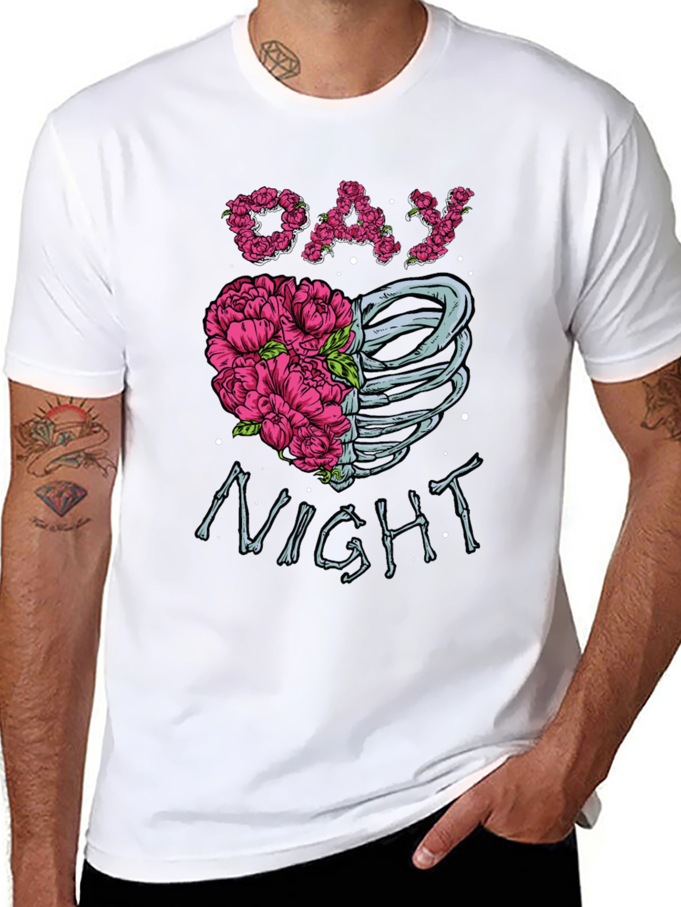 Day Night Floral Skeleton Graphic Tee