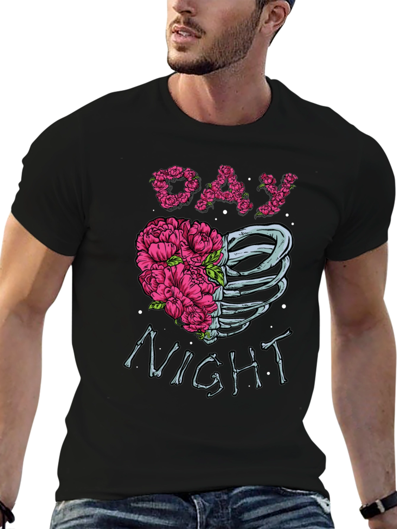 Day Night Floral Skeleton Graphic Tee