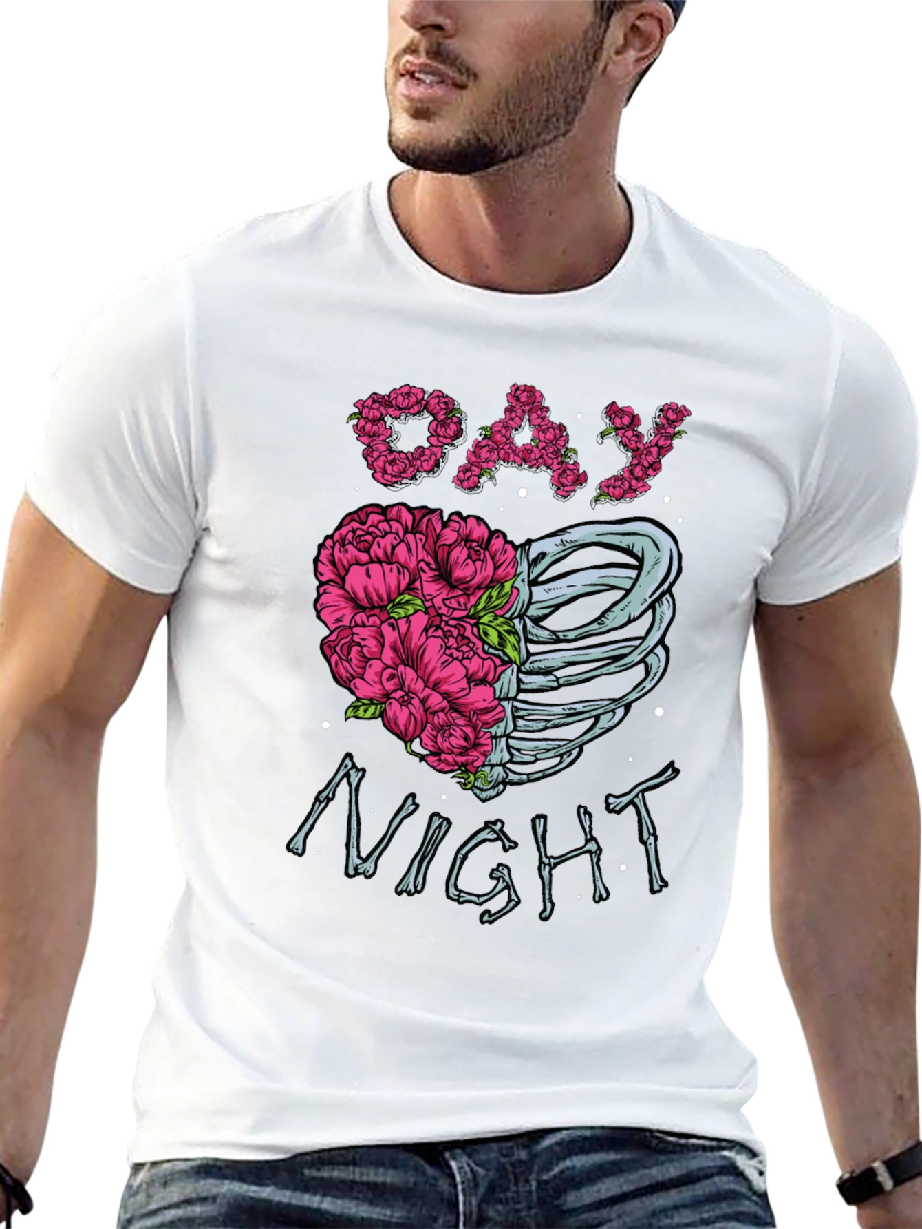 Day Night Floral Skeleton Graphic Tee