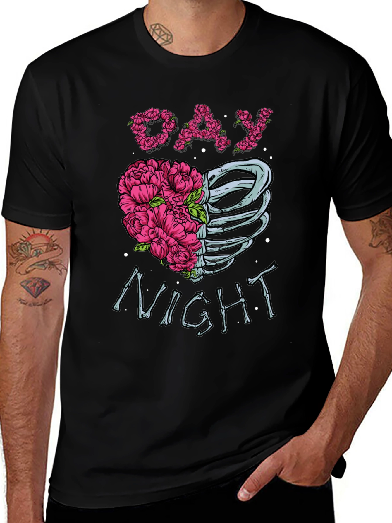 Day Night Floral Skeleton Graphic Tee