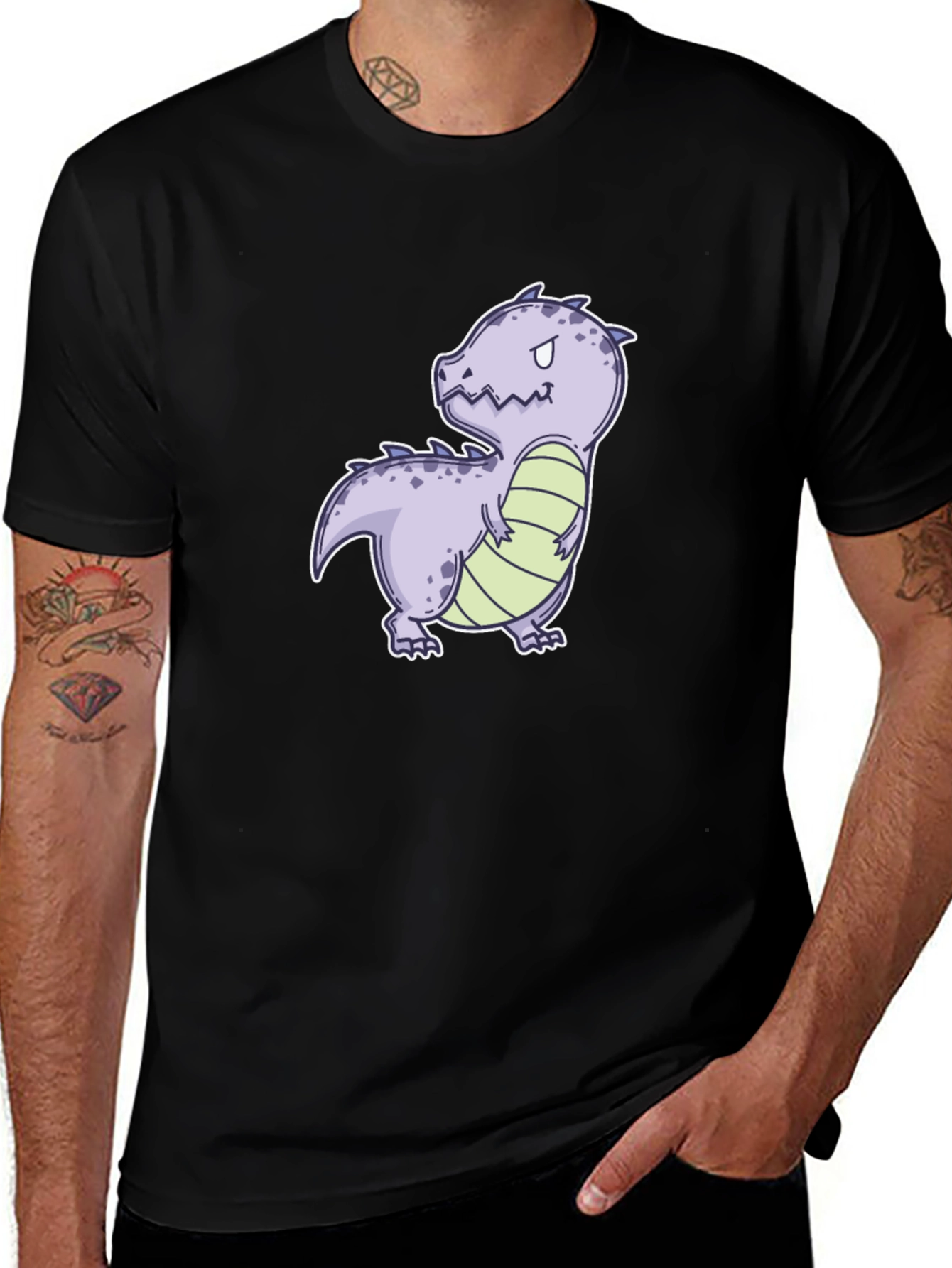 Cartoon Dinosaur Graphic Tee - Black Cotton Comfort