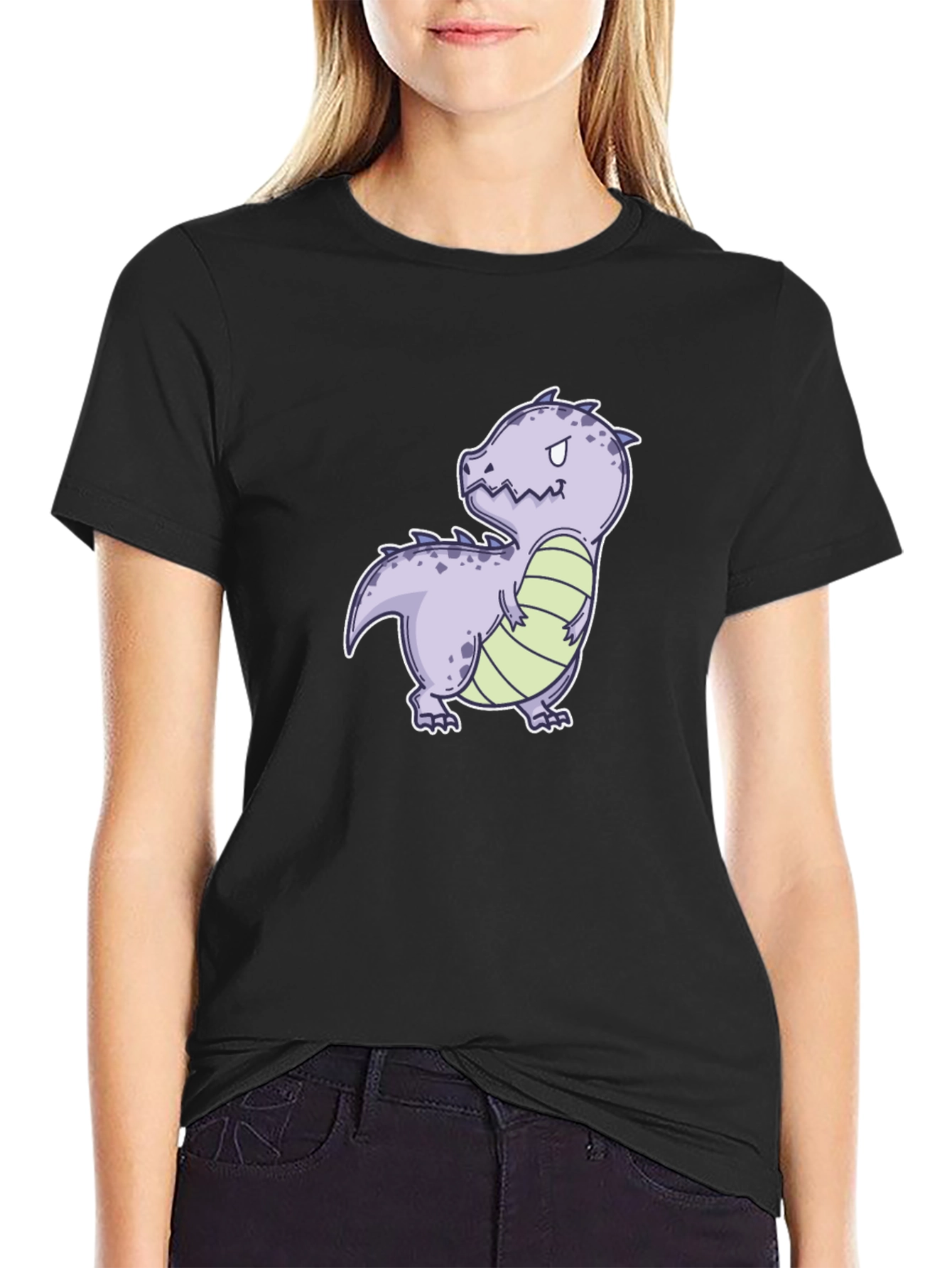 Cartoon Dinosaur Graphic Tee - Black Cotton Comfort