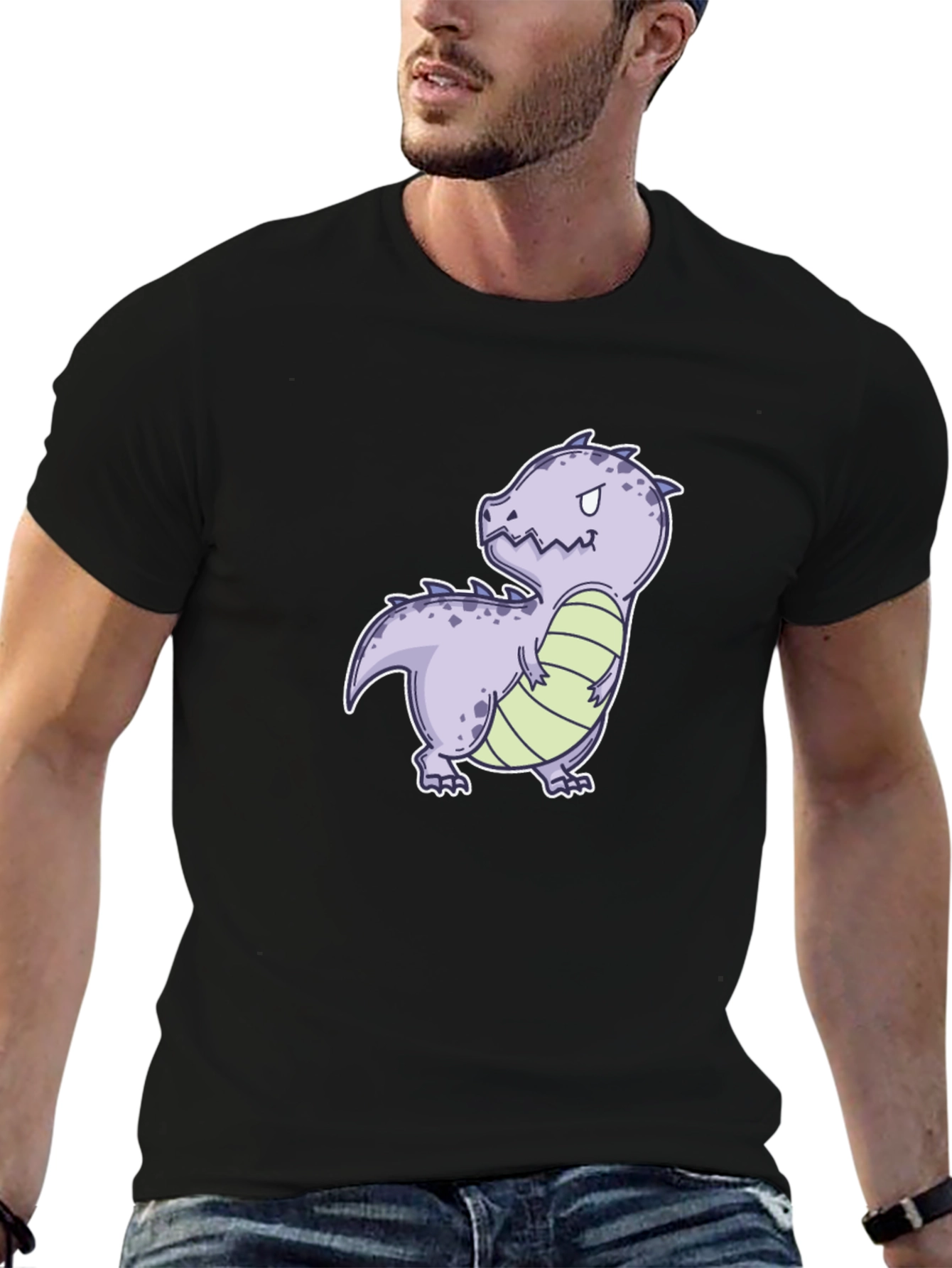 Cartoon Dinosaur Graphic Tee - Black Cotton Comfort