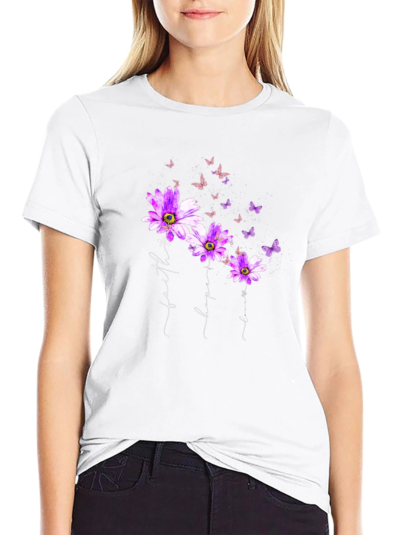 Faith Hope Love Butterfly Flower Black T-Shirt