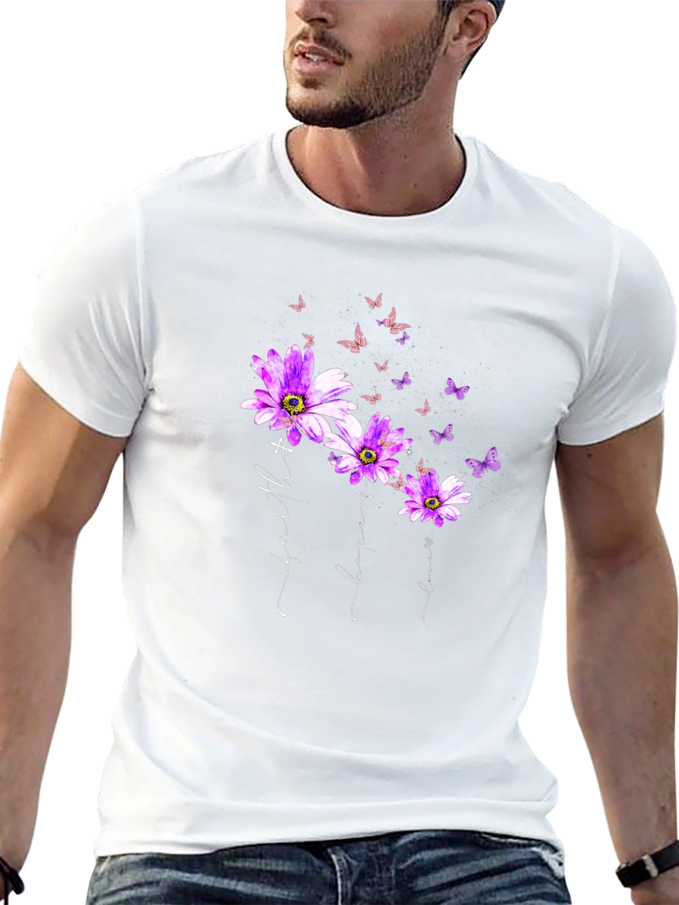 Faith Hope Love Butterfly Flower Black T-Shirt