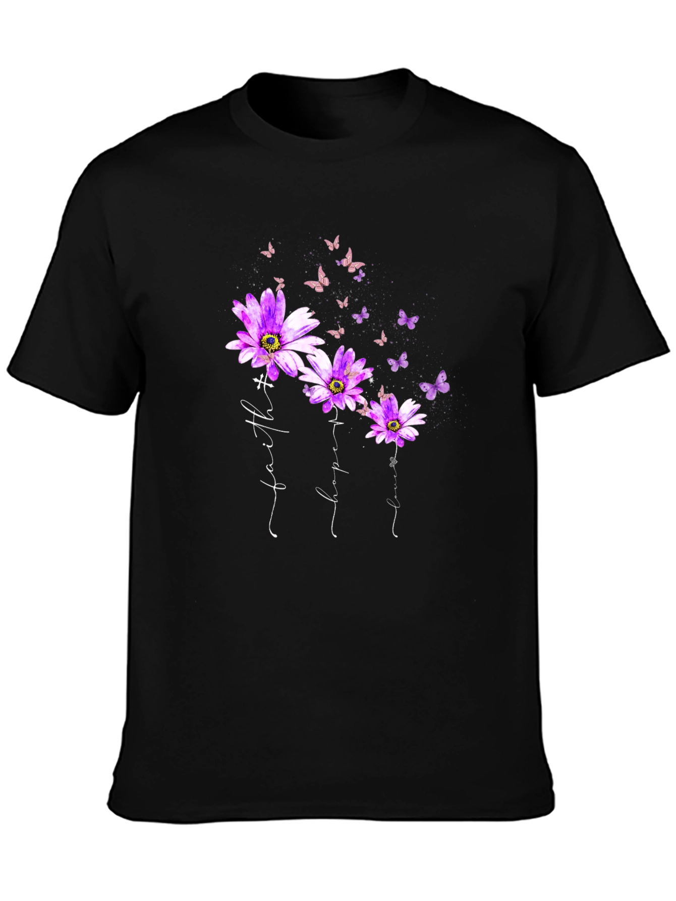 Faith Hope Love Butterfly Flower Black T-Shirt