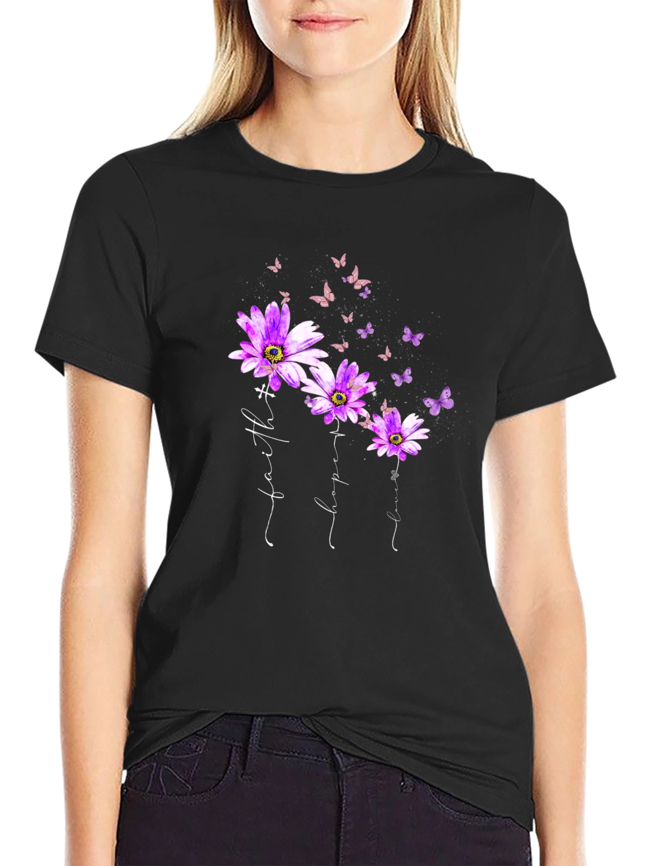 Faith Hope Love Butterfly Flower Black T-Shirt