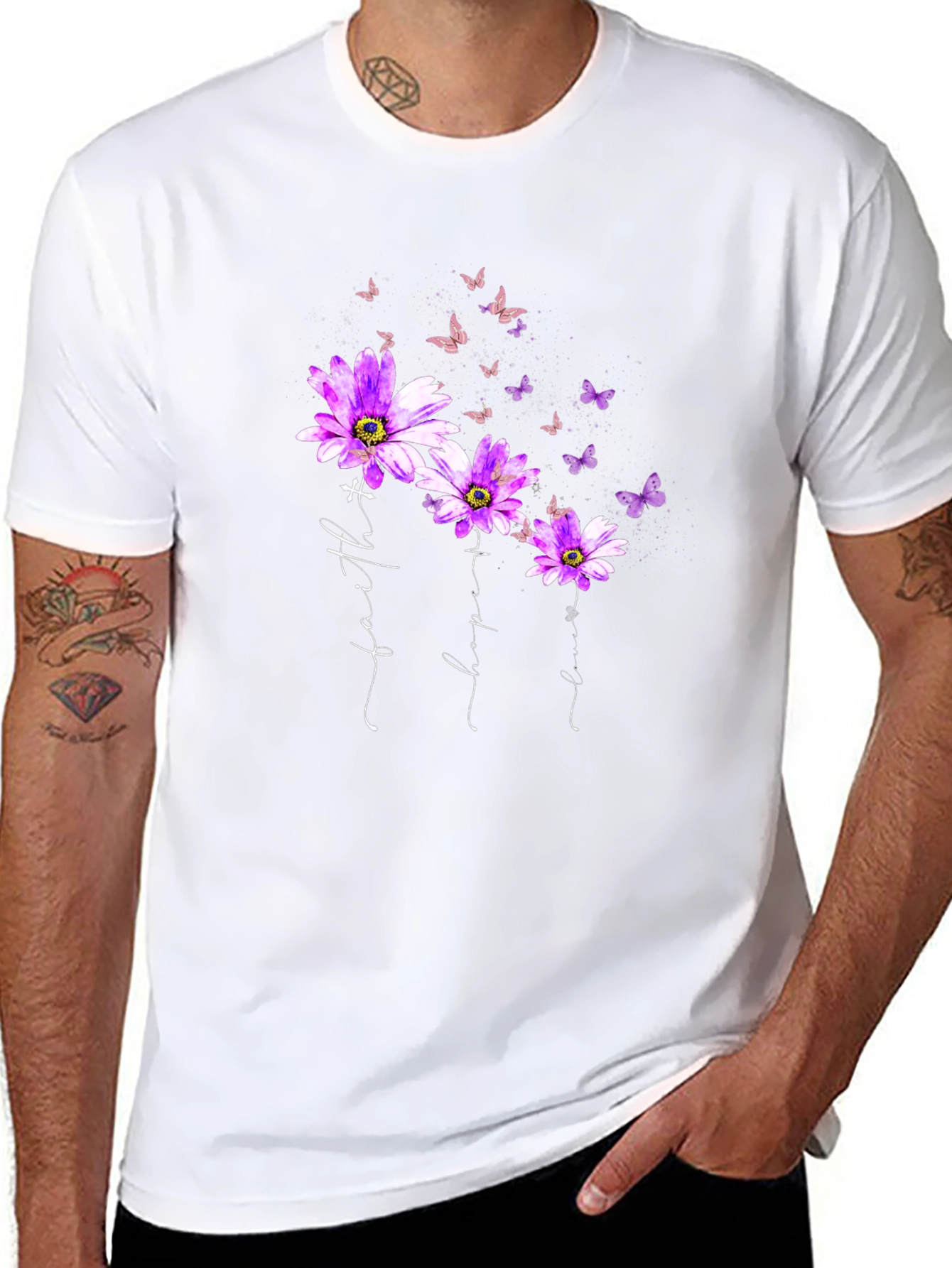 Faith Hope Love Butterfly Flower Black T-Shirt