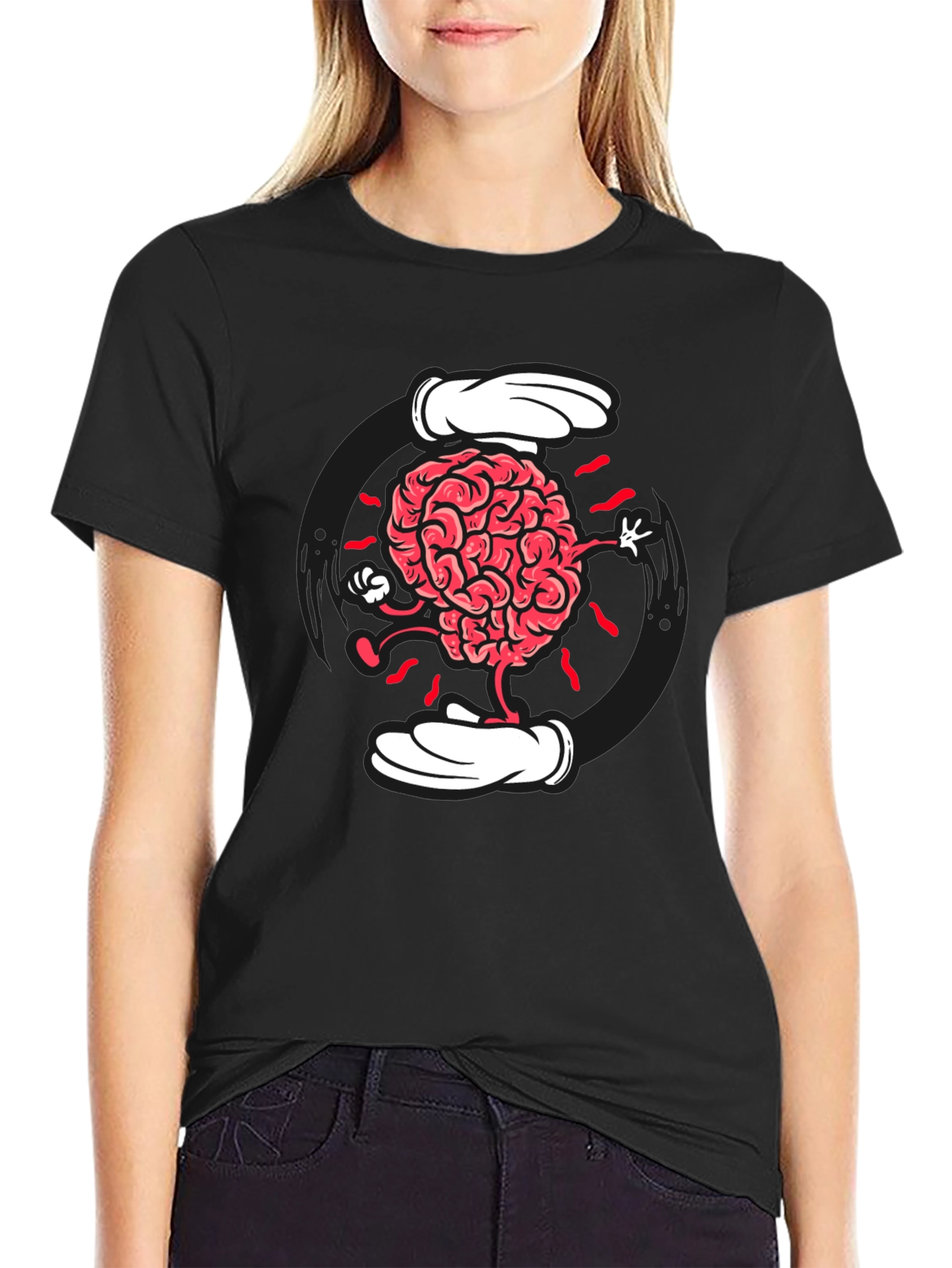 Cartoon Brain Graphic Tee - Black Cotton Blend