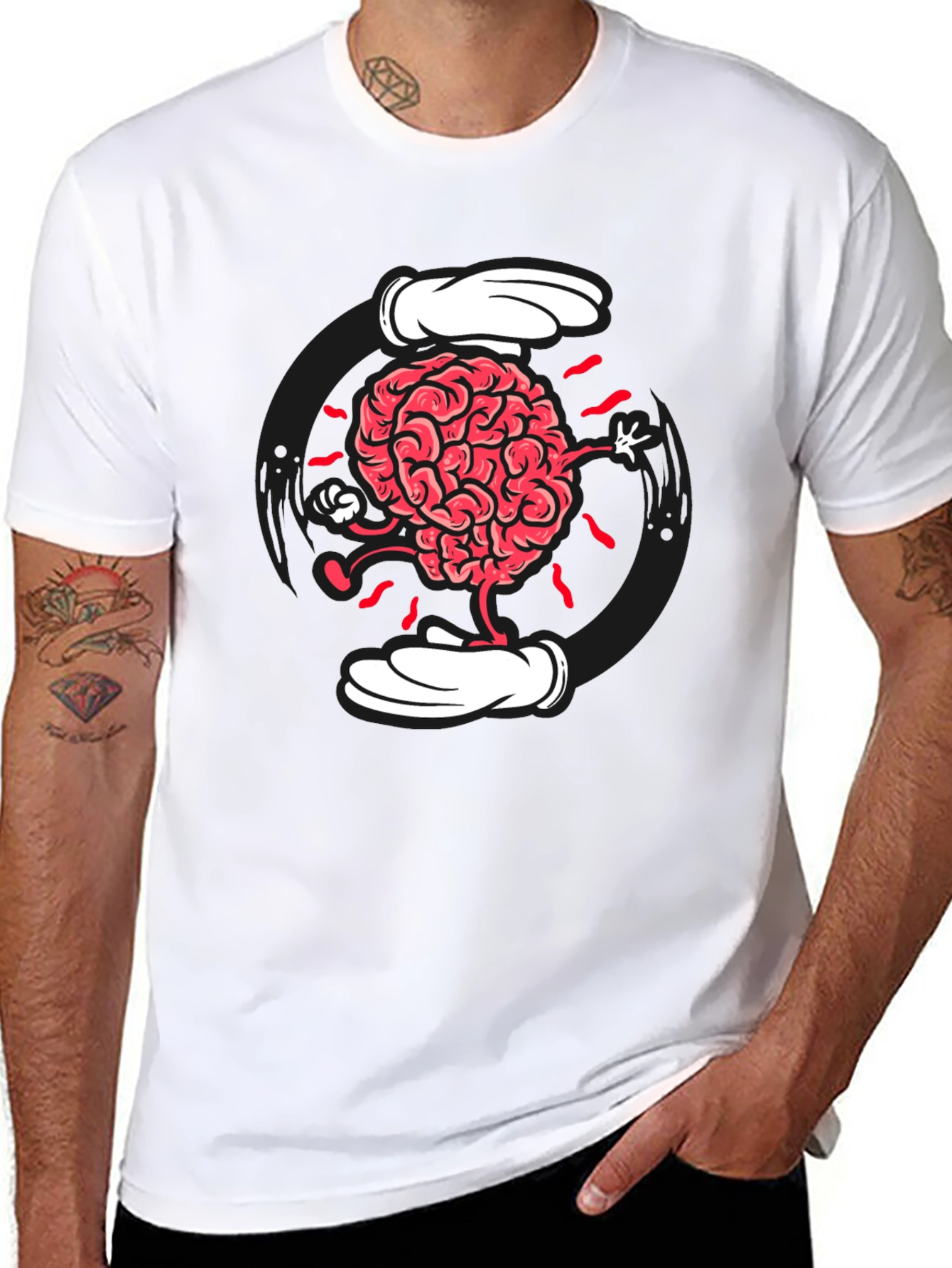 Cartoon Brain Graphic Tee - Black Cotton Blend