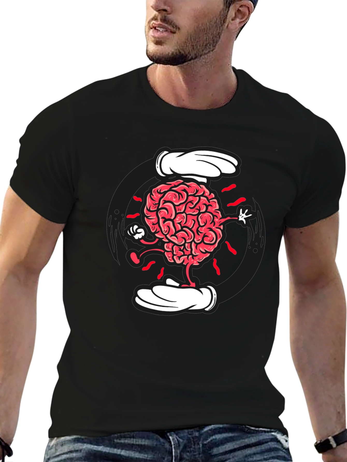 Cartoon Brain Graphic Tee - Black Cotton Blend