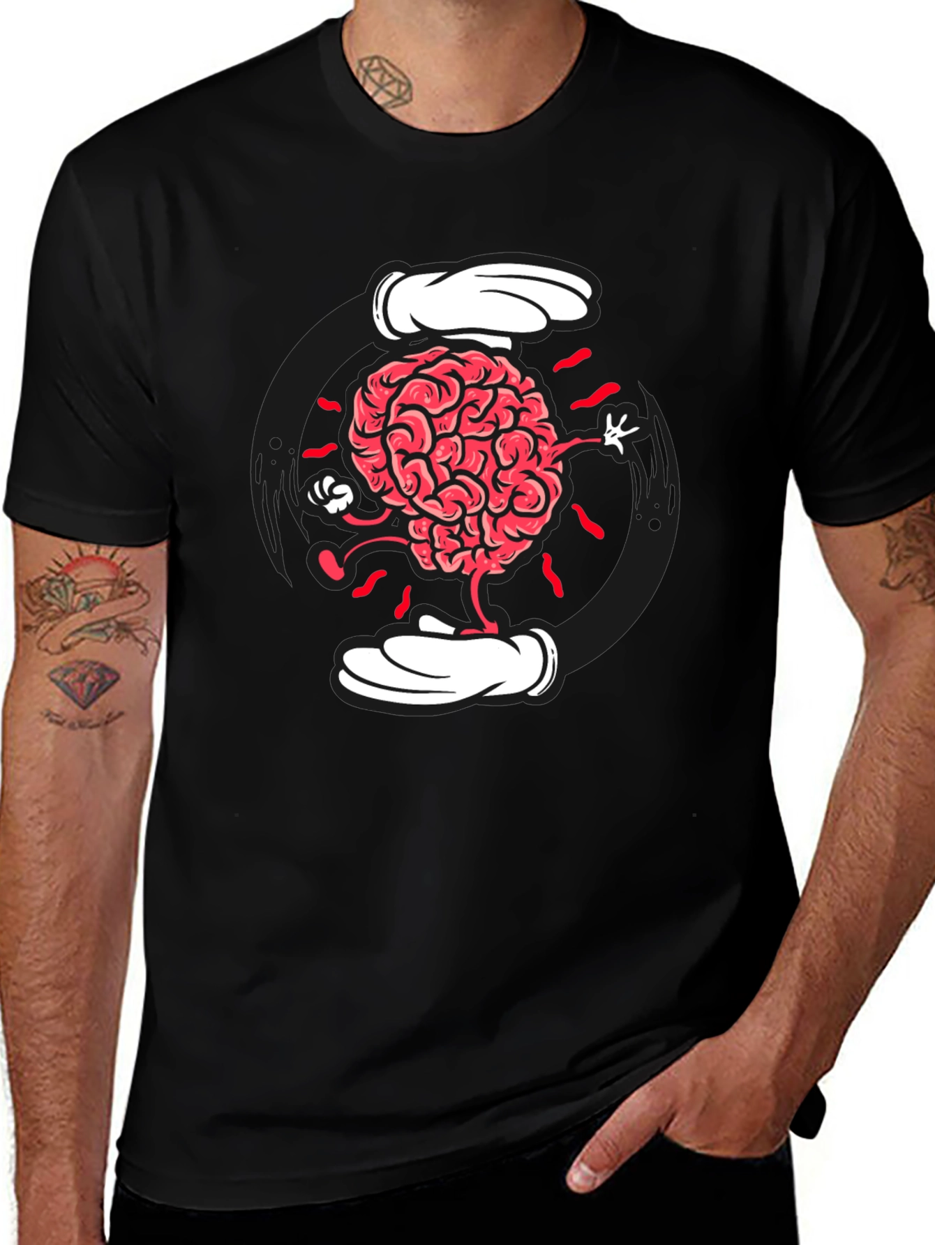 Cartoon Brain Graphic Tee - Black Cotton Blend