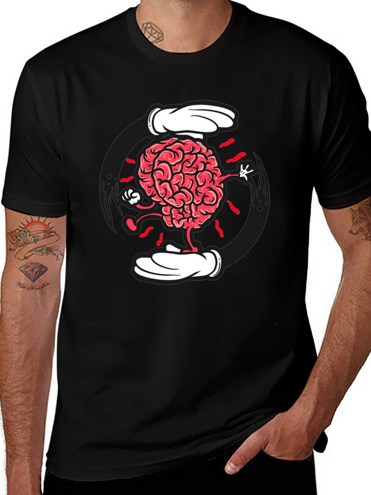 Cartoon Brain Graphic Tee - Black Cotton Blend