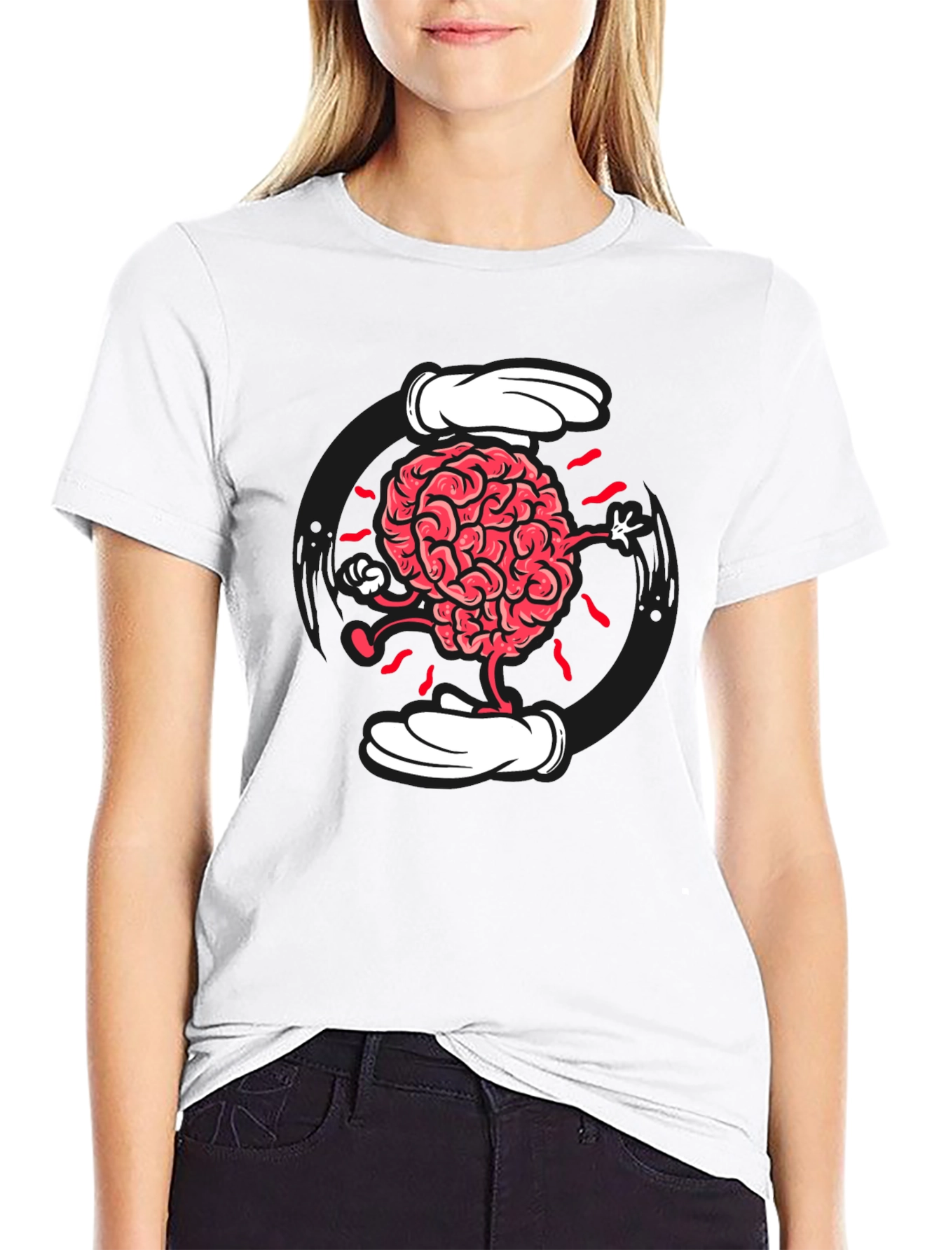 Cartoon Brain Graphic Tee - Black Cotton Blend