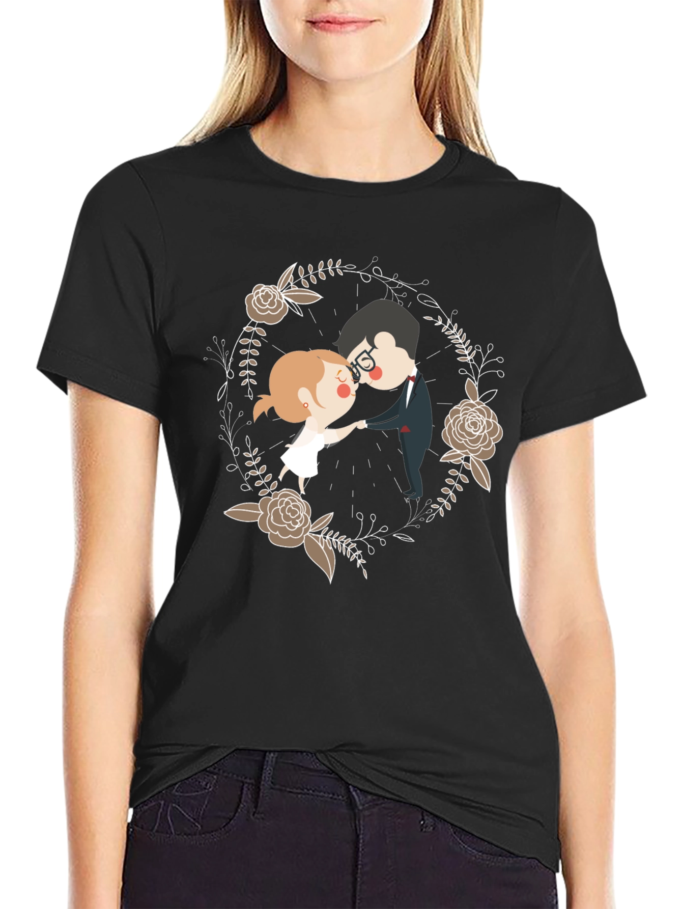 Romantic Couple Floral Wreath T-Shirt