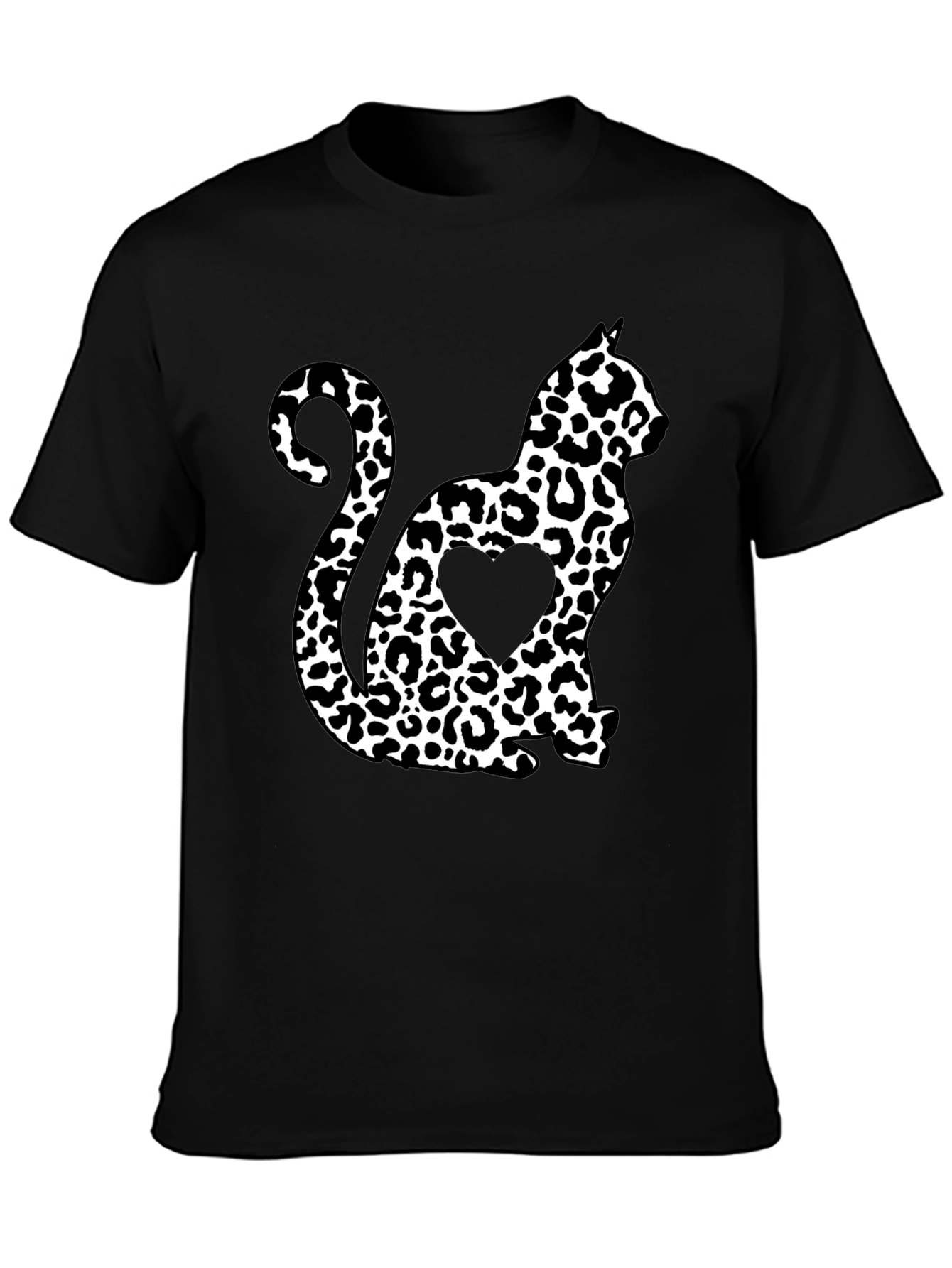 Leopard Cat Heart T-Shirt - Stylish Black Tee
