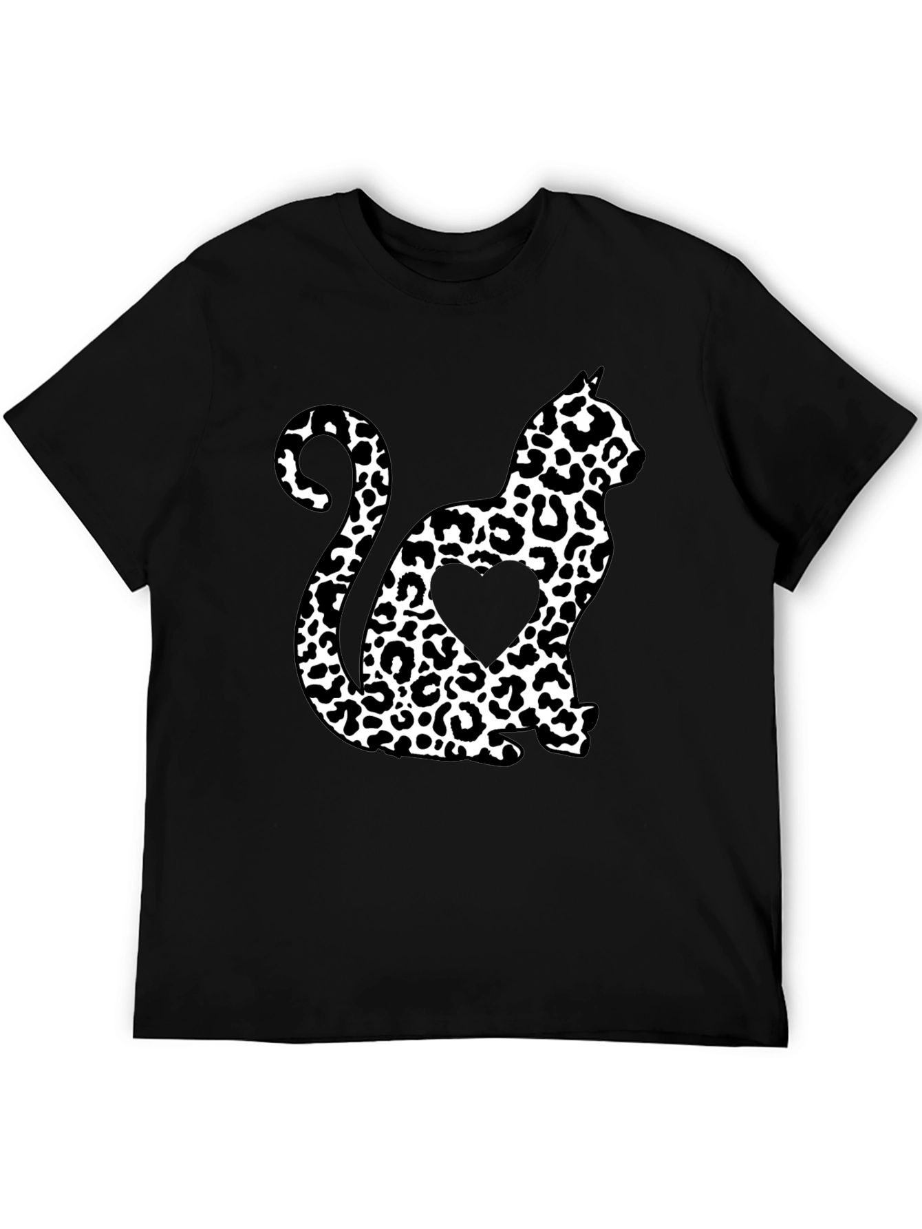 Leopard Cat Heart T-Shirt - Stylish Black Tee
