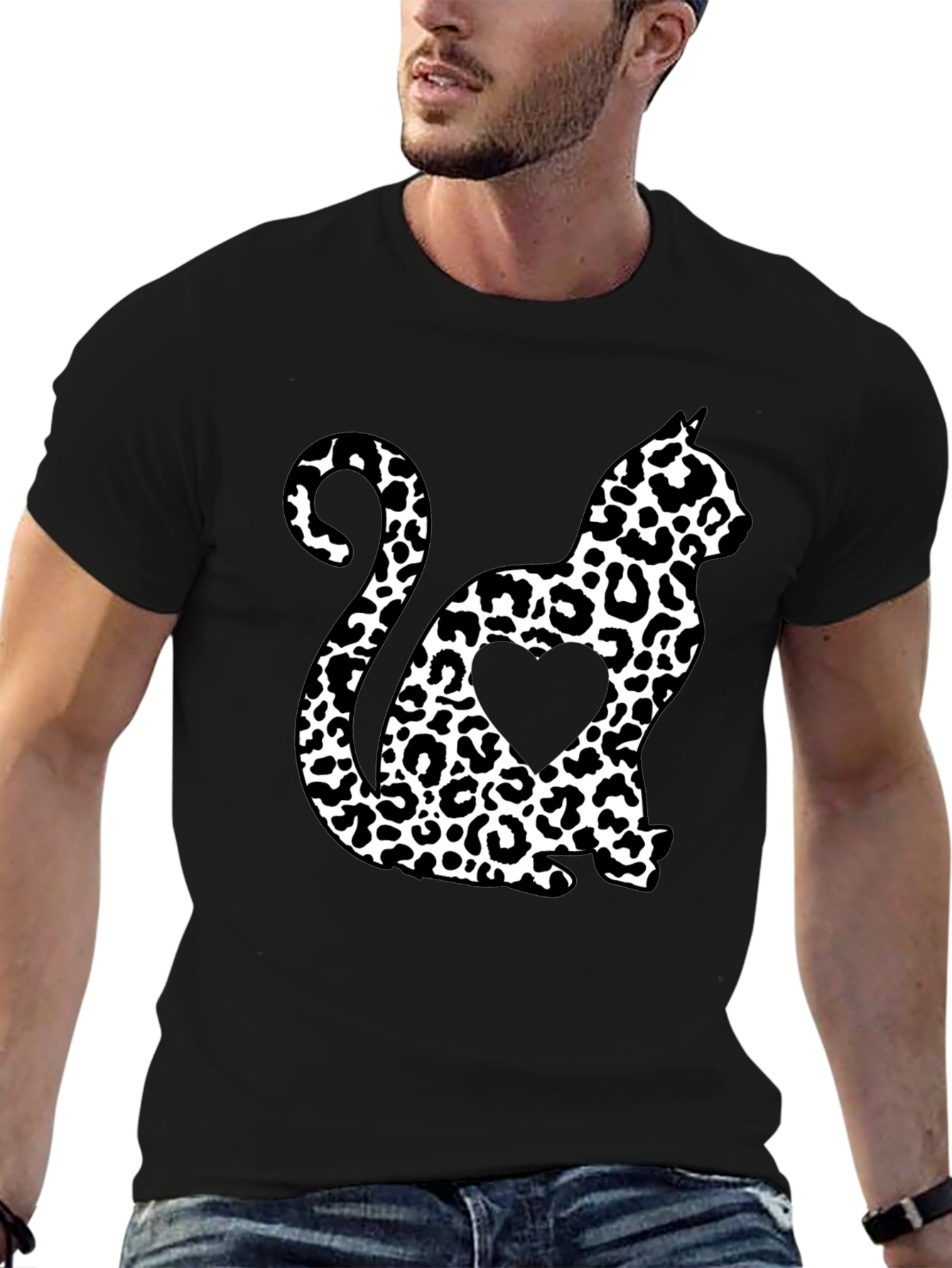Leopard Cat Heart T-Shirt - Stylish Black Tee