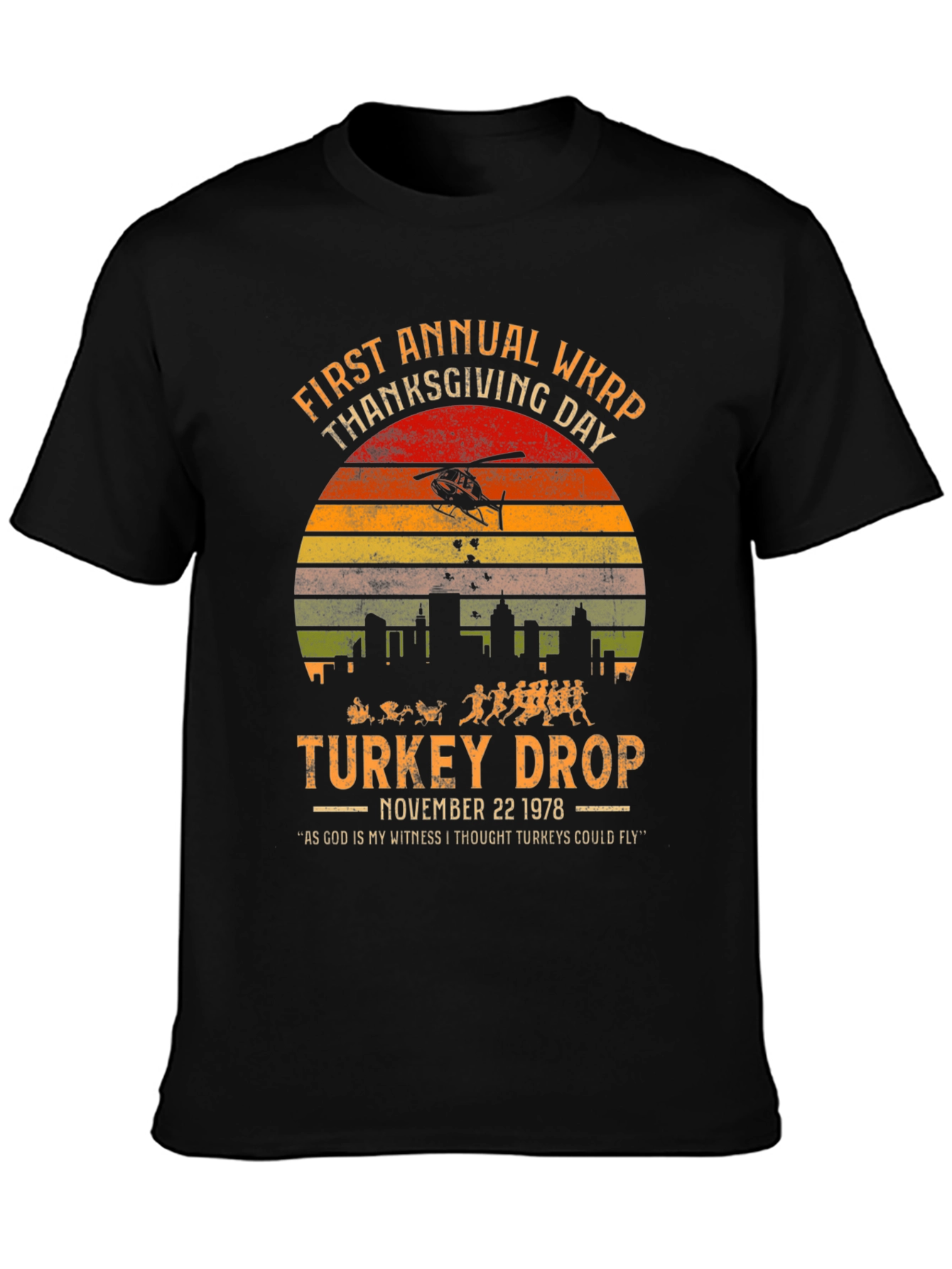 WKRP Thanksgiving Day Turkey Drop Black T-Shirt
